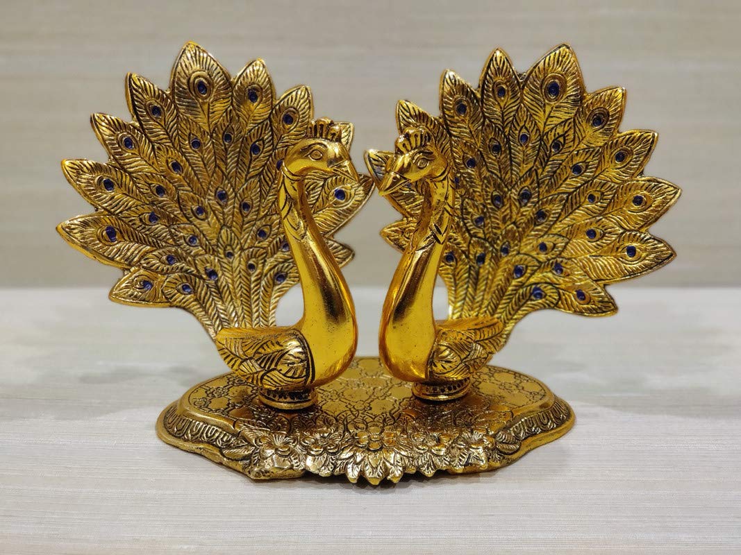 Indian Collectible - Coppia di statuette in metallo a forma di pavone che si baciano, placcato oro, decorazione da tavolo per casa, soggiorno, ufficio, camera da letto