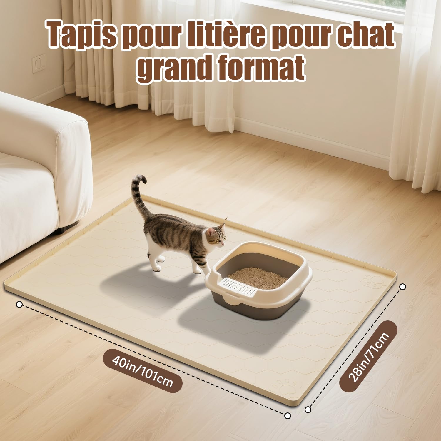 Tapis de litière en silicone XXL 101 * 71 CM – Imperméable, antidérapant et facile à nettoyer – Tapis de litière supplémentaire, pour gamelle et litière pour chat