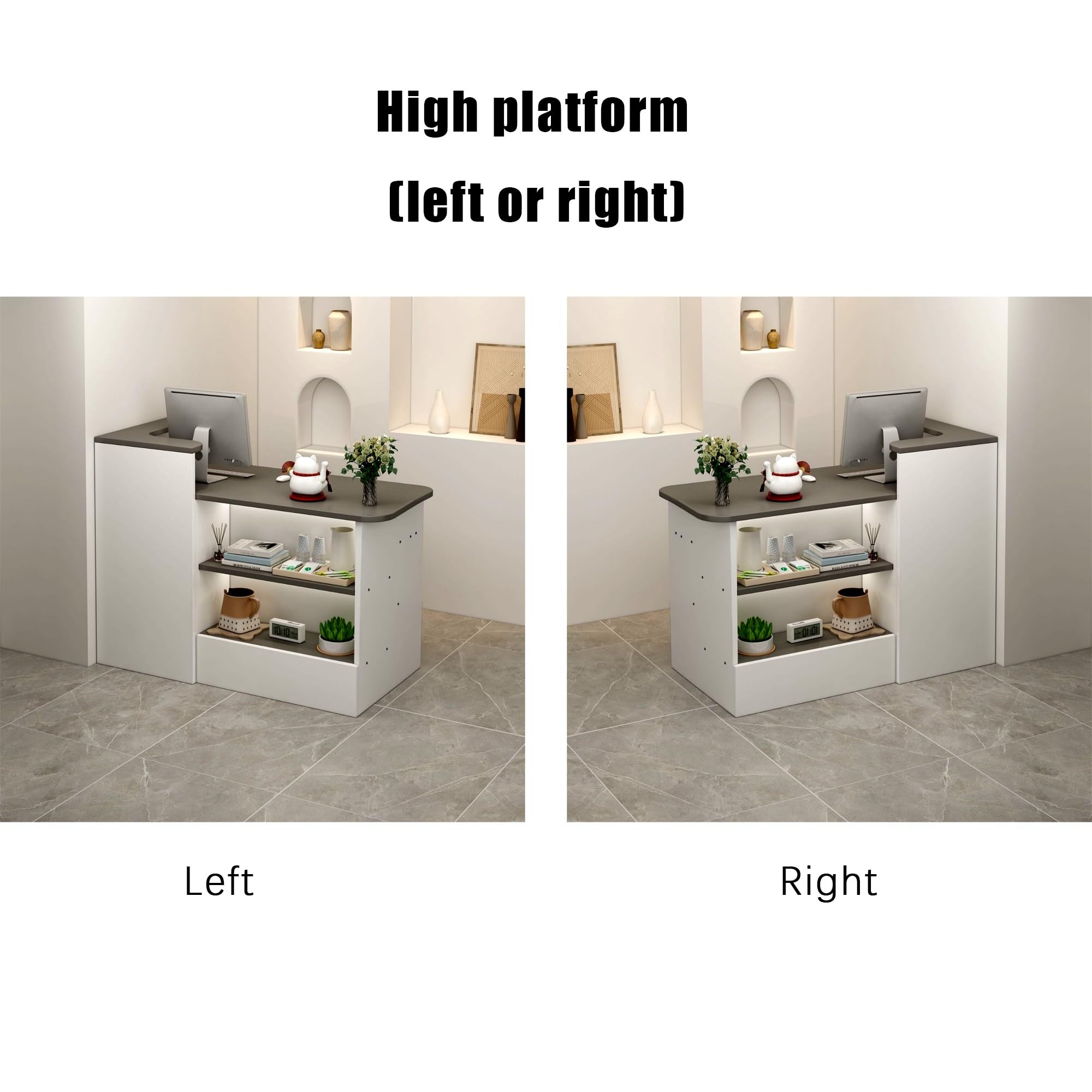 Mostrador de recepción con cajón y estantes Abiertos con Esquinas Redondeadas for Oficina, salón, Tienda y cafetería(Beige-Right,120cm)