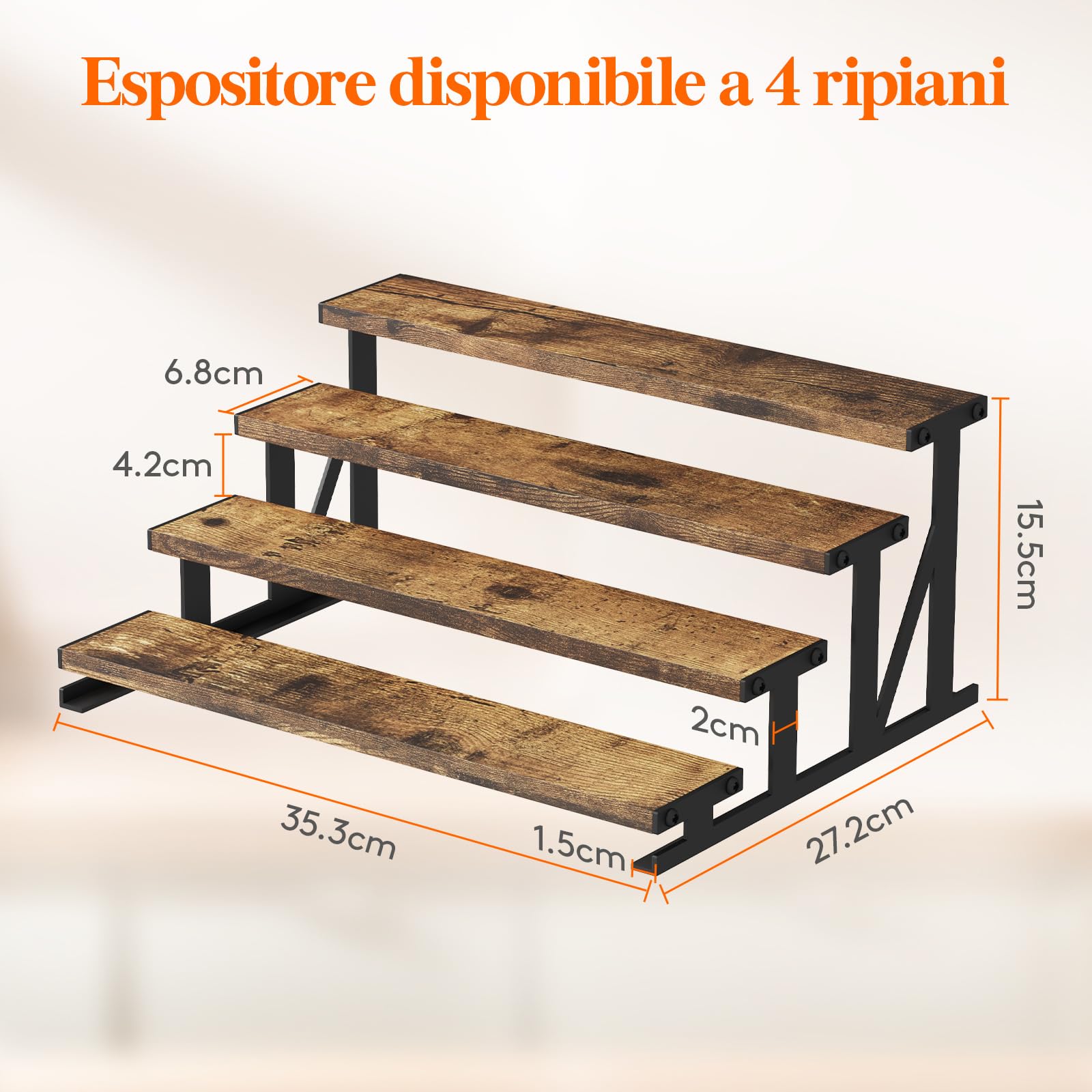 Lifewit Porta Profumi in Legno, Espositore Profumi con Supporto in Metallo, Espositori a Scaletta per Bagno, Camera, Salotto, Marrone Rustico, 4 Livelli, 1 Confezione, 35 cm