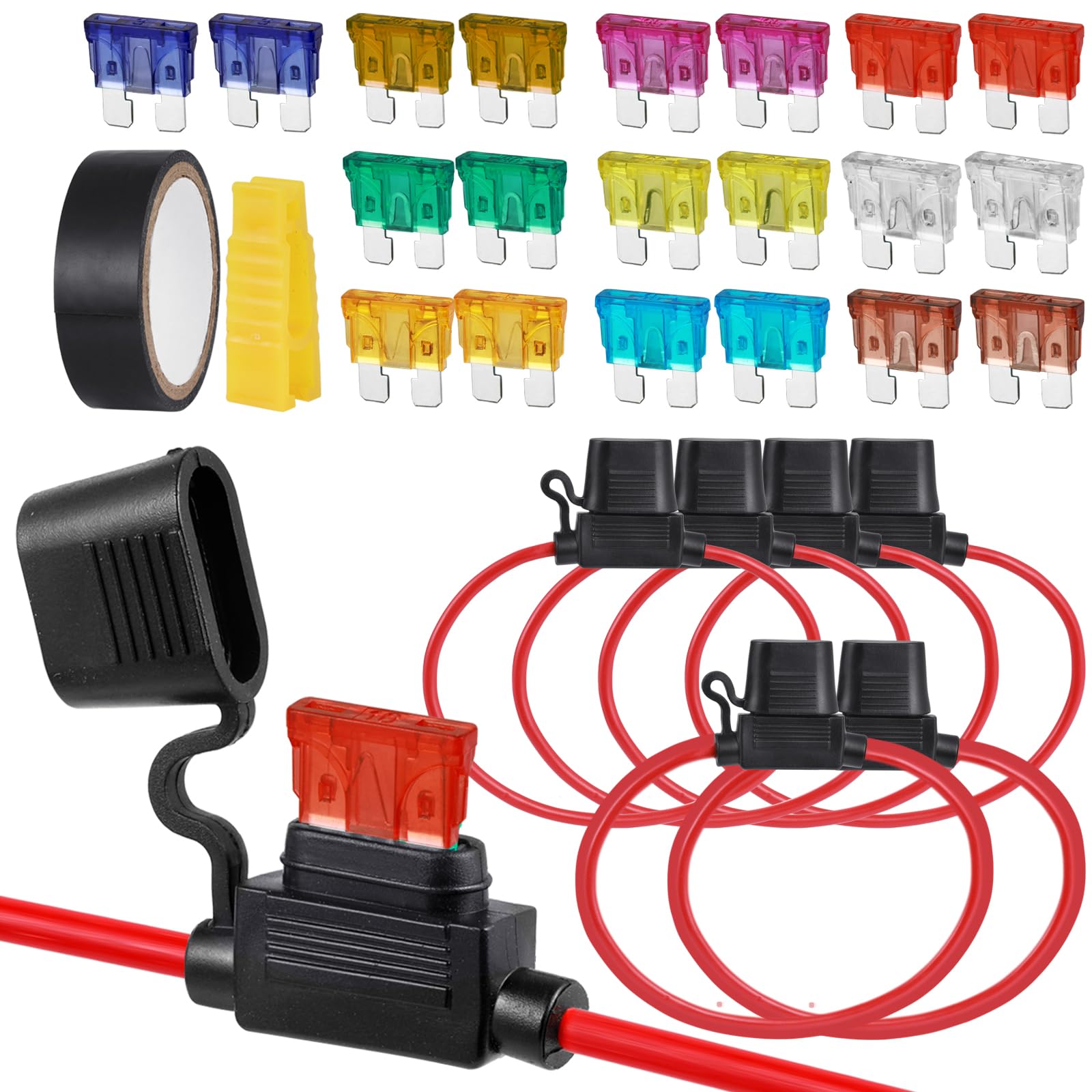 Ysimple 6pcs Sicherungshalter 12AWG(2)+14AWG(2)+16AWG(2), Wasserdicht Sicherungshalter 12 volt mit 20 Flachsicherungen 3A/5A/7.5A/10A/15A/20A/25A/30A/35A/40A, Kfz Sicherungen Set für Auto/Lkw/Motorrad