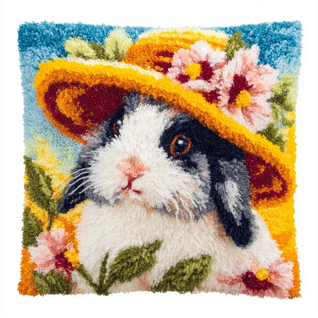 Kitquiver Animal Cushion Making Kit Rabbits and Flowers DIY Latch Hook Rug Kit for Beginners Embroidery Cushion Canvasfor Adult Beginners 17x17In