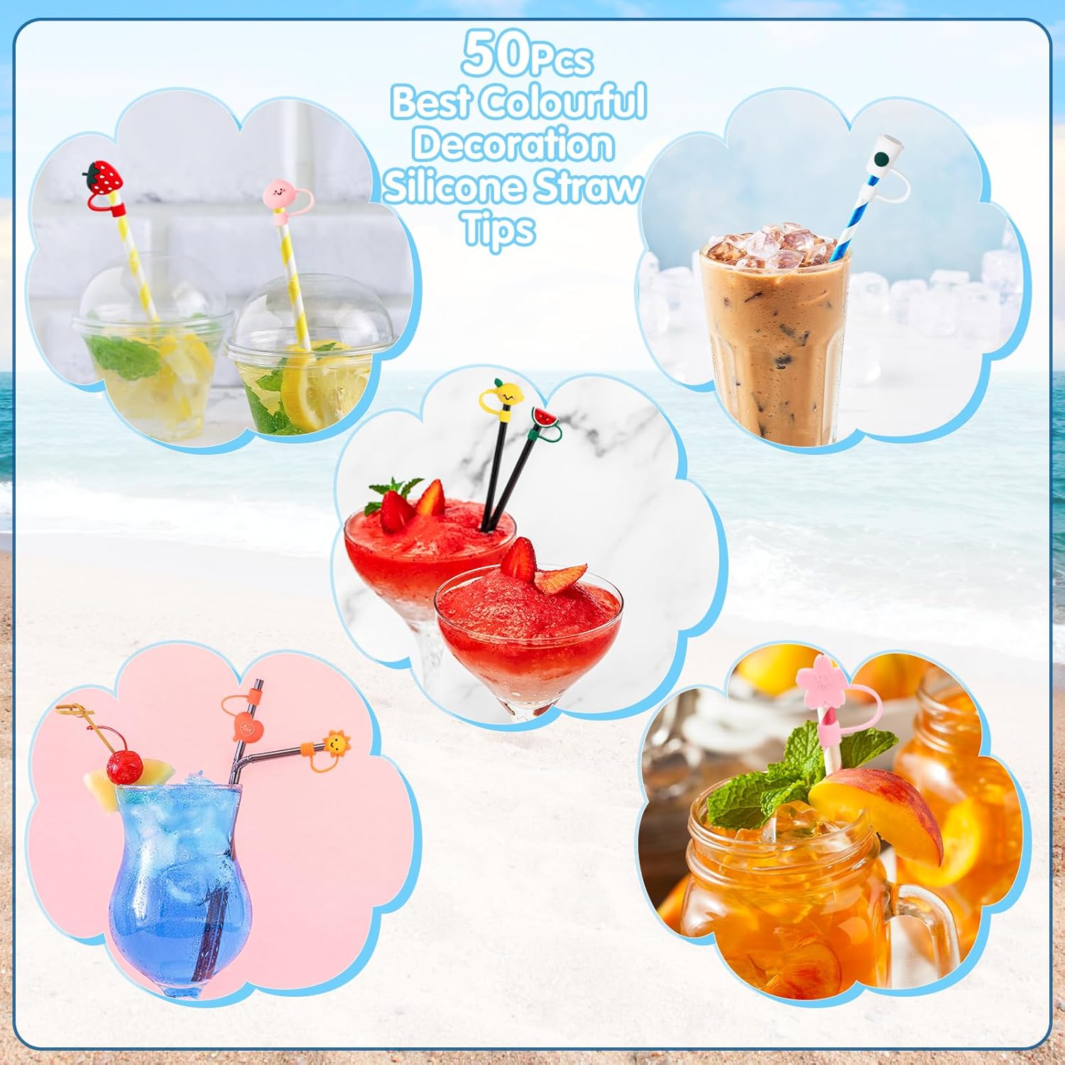 Dandat 50 Pcs Covers Cap Silicone Straw Tips Cover Reusable Cute Drinking Straw Toppers Adorable Dustproof Plugs for 6-8 mm, 25 Patterns - Image 4