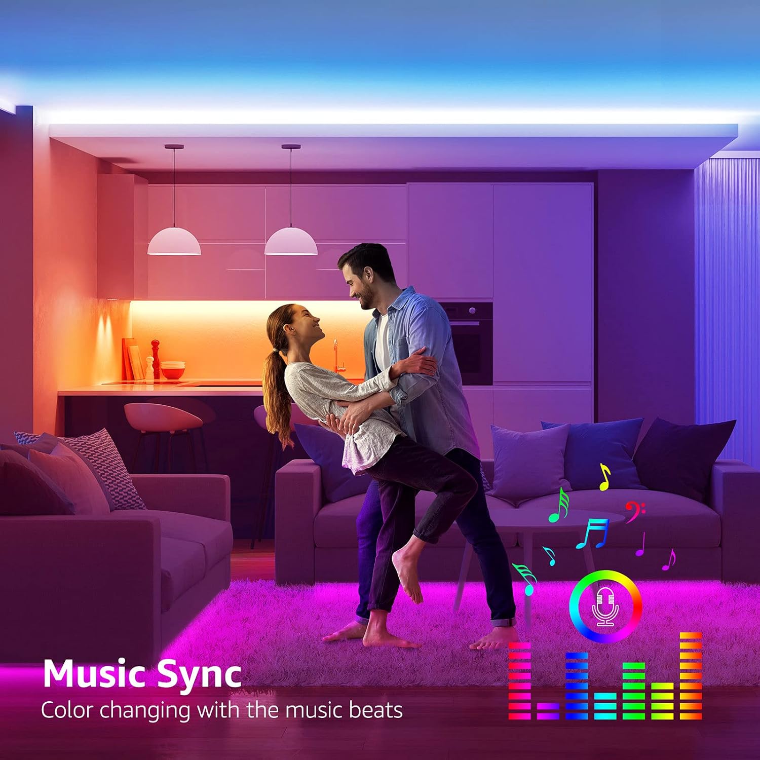 Image of a couple dancing in a living room illuminated by colorful LED strip lights, with a music sync icon.