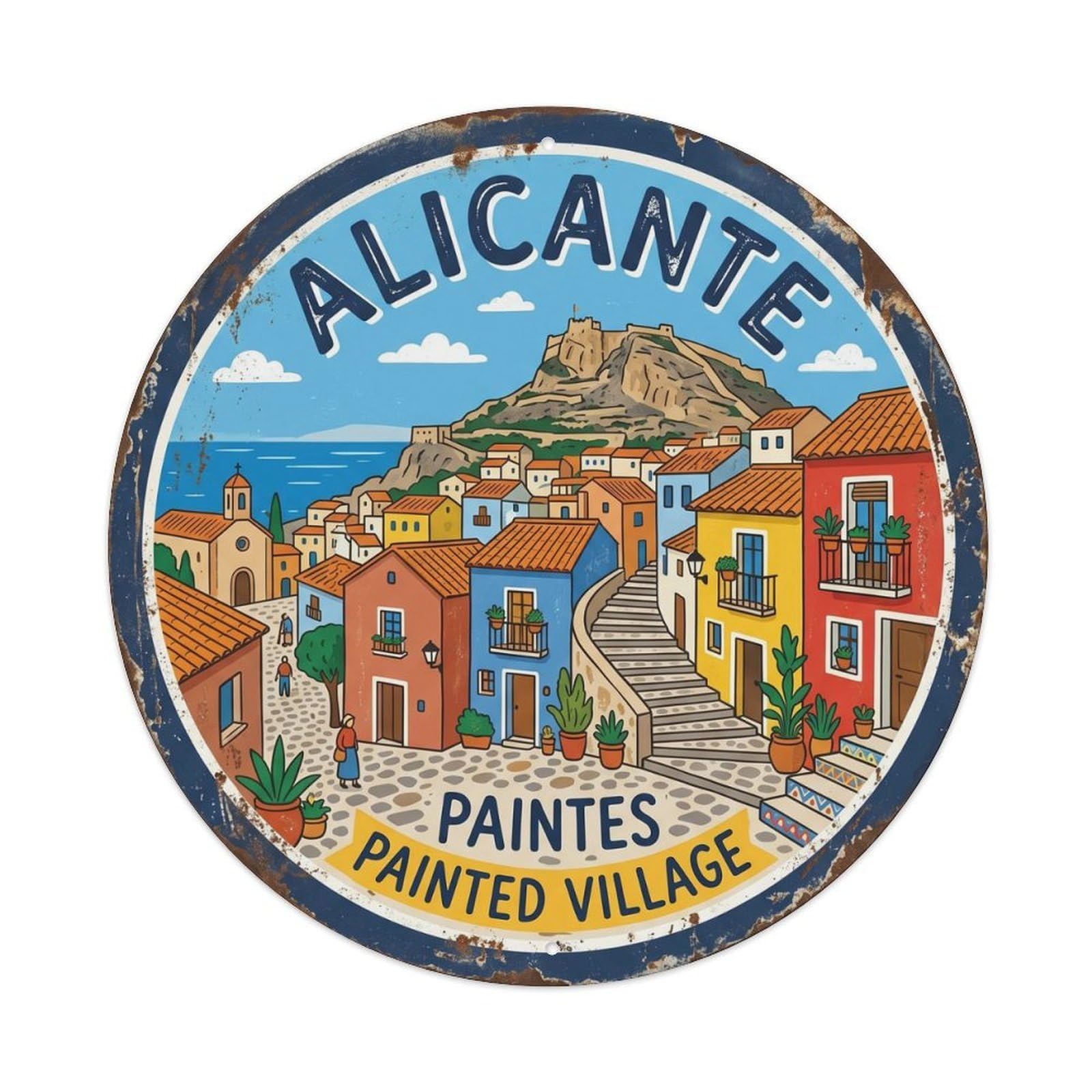 Vintage Travel Alicante Oldtown Barrio Metal Tin Sign Plaque Wall Decor for Cafe, Club, Garden Round Metal Poster 8x8Inch