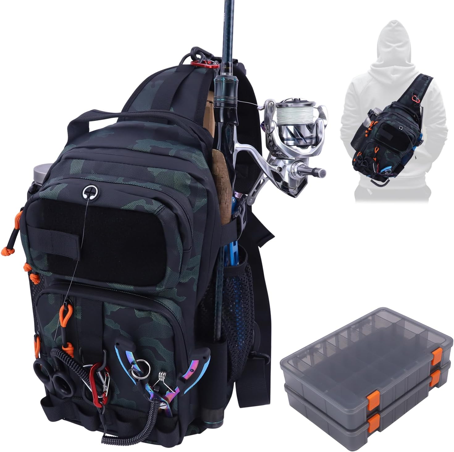 Fishing Backpack Tackle Storage Bag with 2 Tackle Boxes,Lightweight Outdoor Water-Resistant Fishing Shoulder Bag with Rod Holder-Store Fishing Gear for Fishing(Grey)