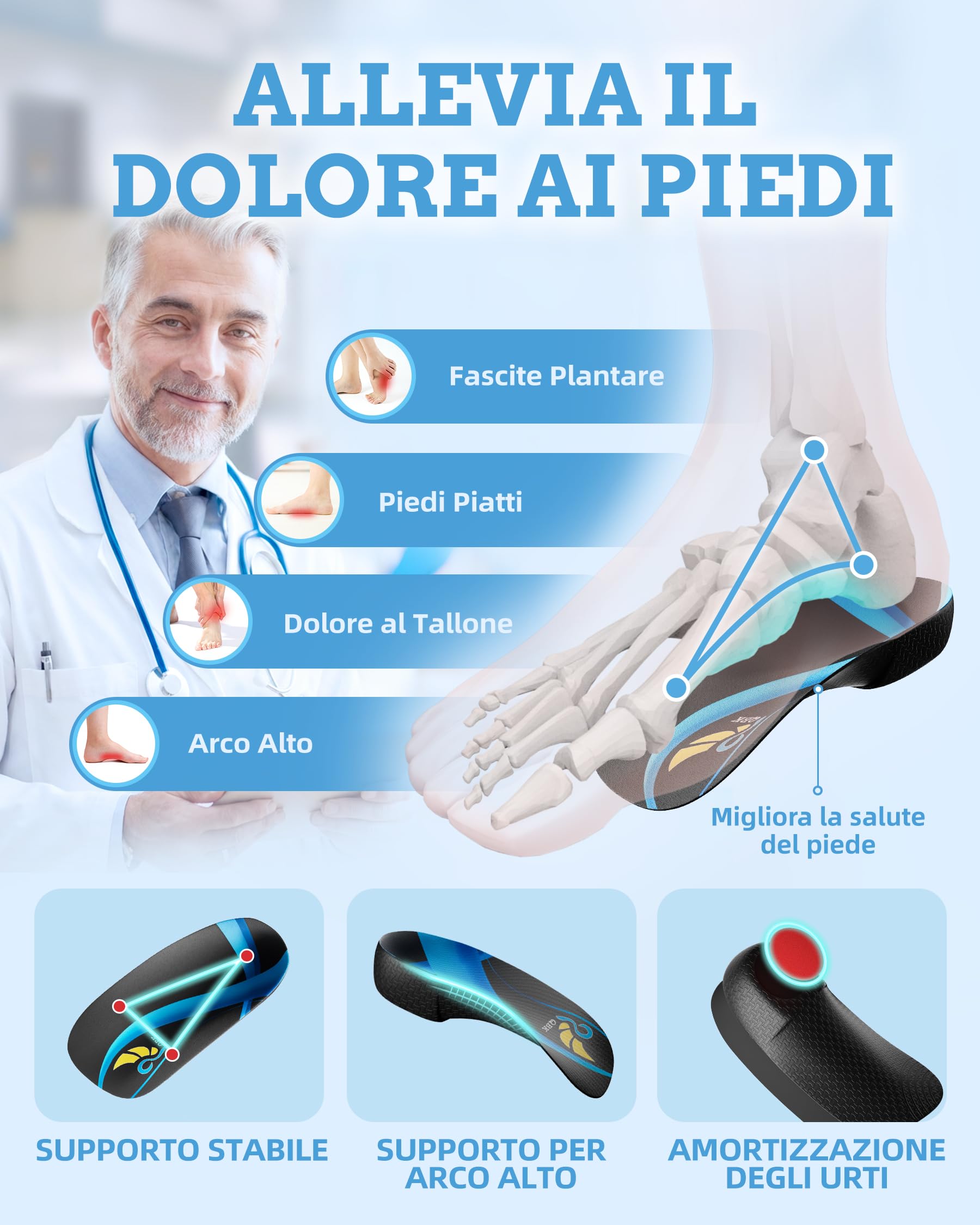Solette Scarpe Donna e Uomo QBK 3/4 Alte Arco Supporto Solette Ortopediche Assorbimento Urti Plantare Piede Piatto per Fascite Plantare Metatarsalgia Spina Calcaneare e Alleviare Dolore, L