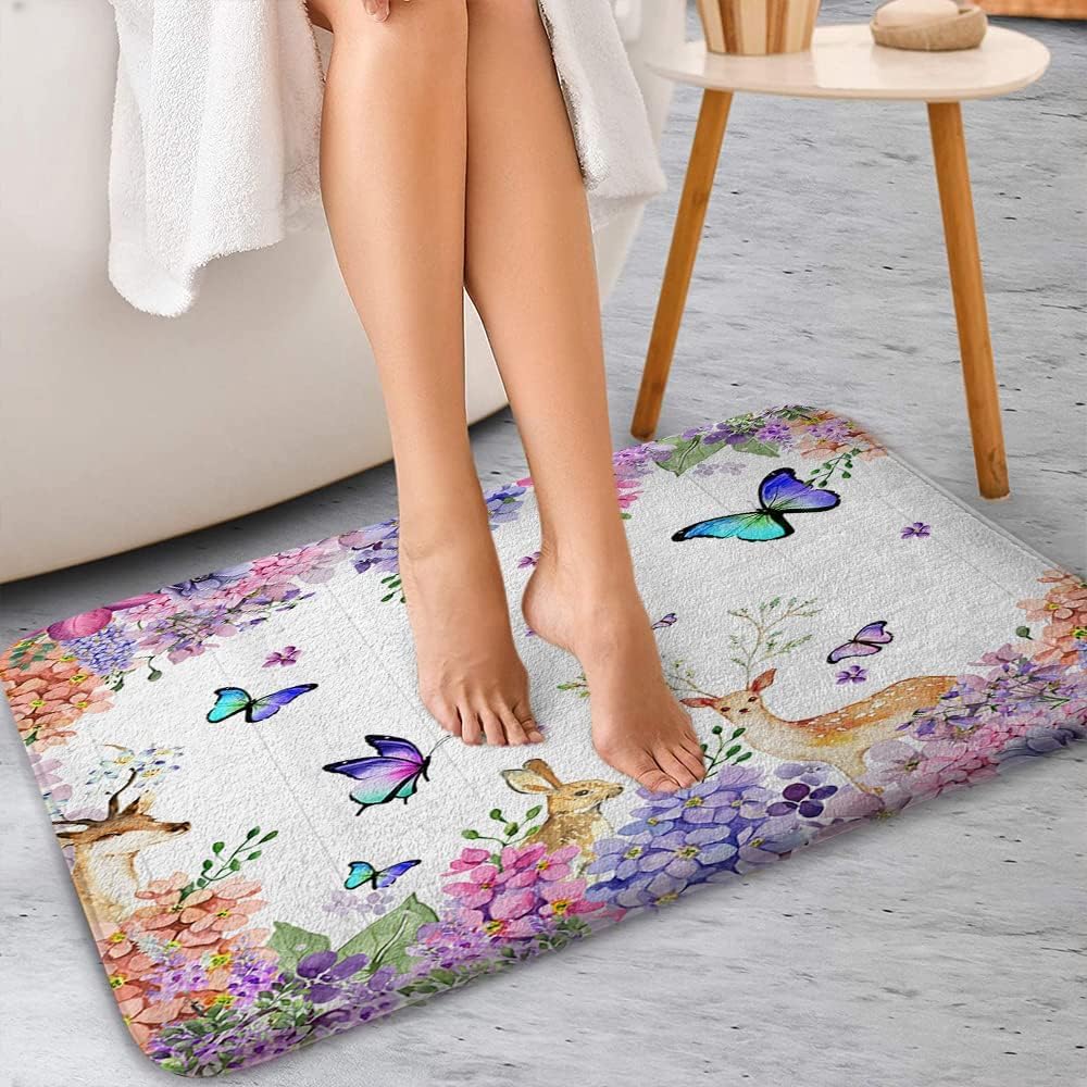 Jipusai Lavender Flowers and Butterfly Bath Rugs for Bathroom,Non Slip Flannel Purple Pink Blossoms Shower Mat,Funny Animal Deer Toilet Bathmat Room