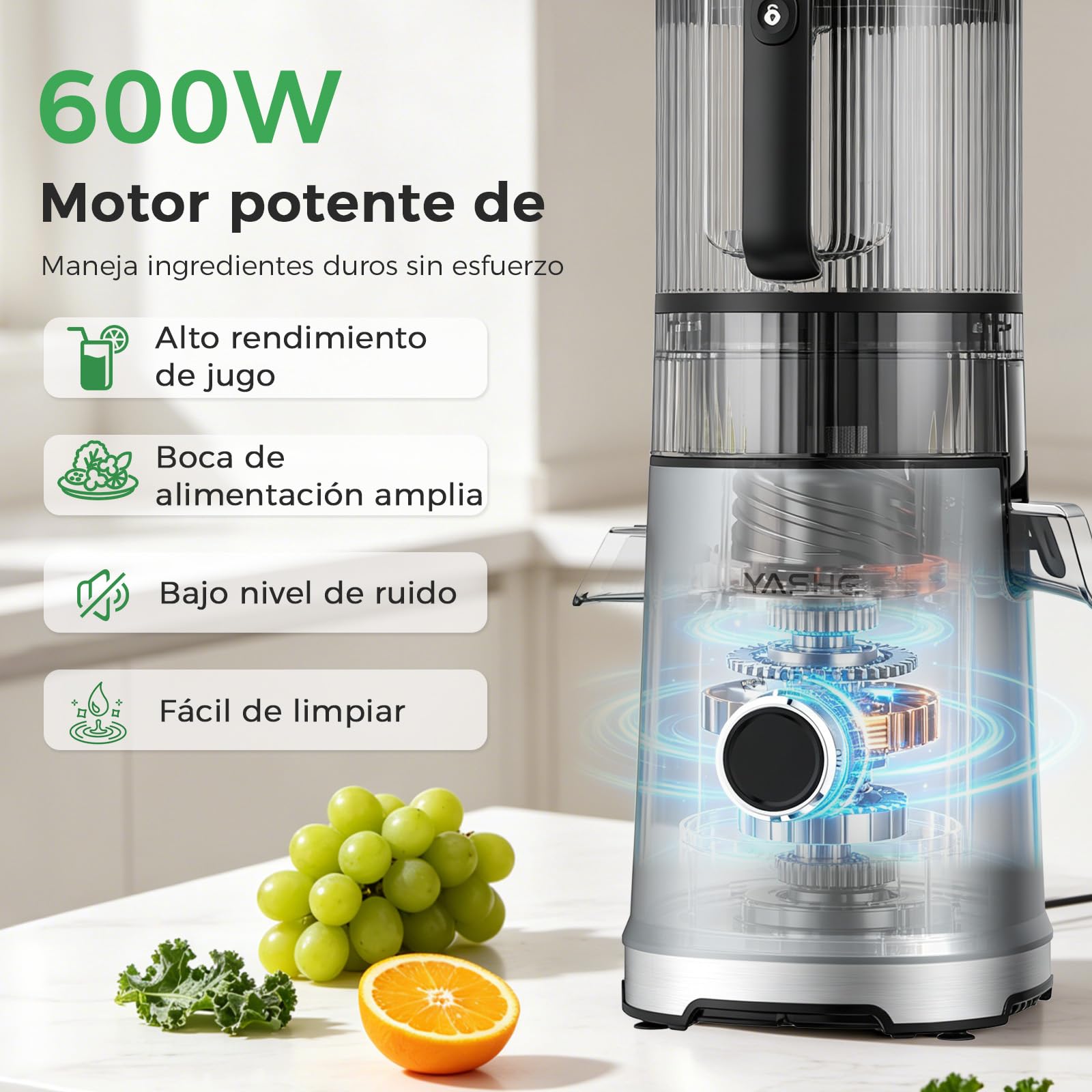 YASHE Extractor de Zumos Prensado en Frío 600W, Boca XL 152 mm para Frutas y Verduras Enteras, Filtro 3 en 1 (Zumo, Sorbete, Leche Vegetal), Alto Rendimiento, Apto Lavavajillas, Sin BPA