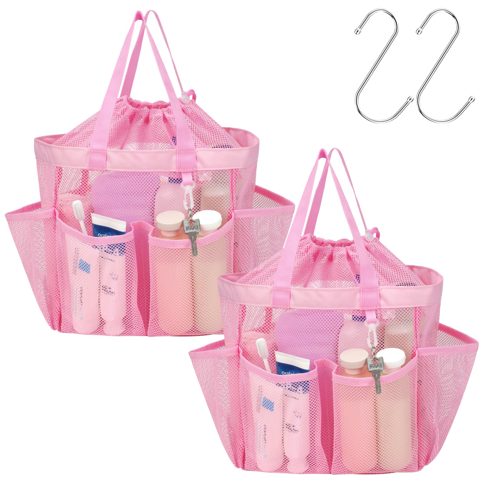 F-color Mesh Shower Caddy Portable with Drawstring - Large 8 Pockets Dorm Room Essentials for Guys Girls with S Hook, Shower Bag Basket Tote for College Camping Gym Travel Bathroom, 2 Pack Pink