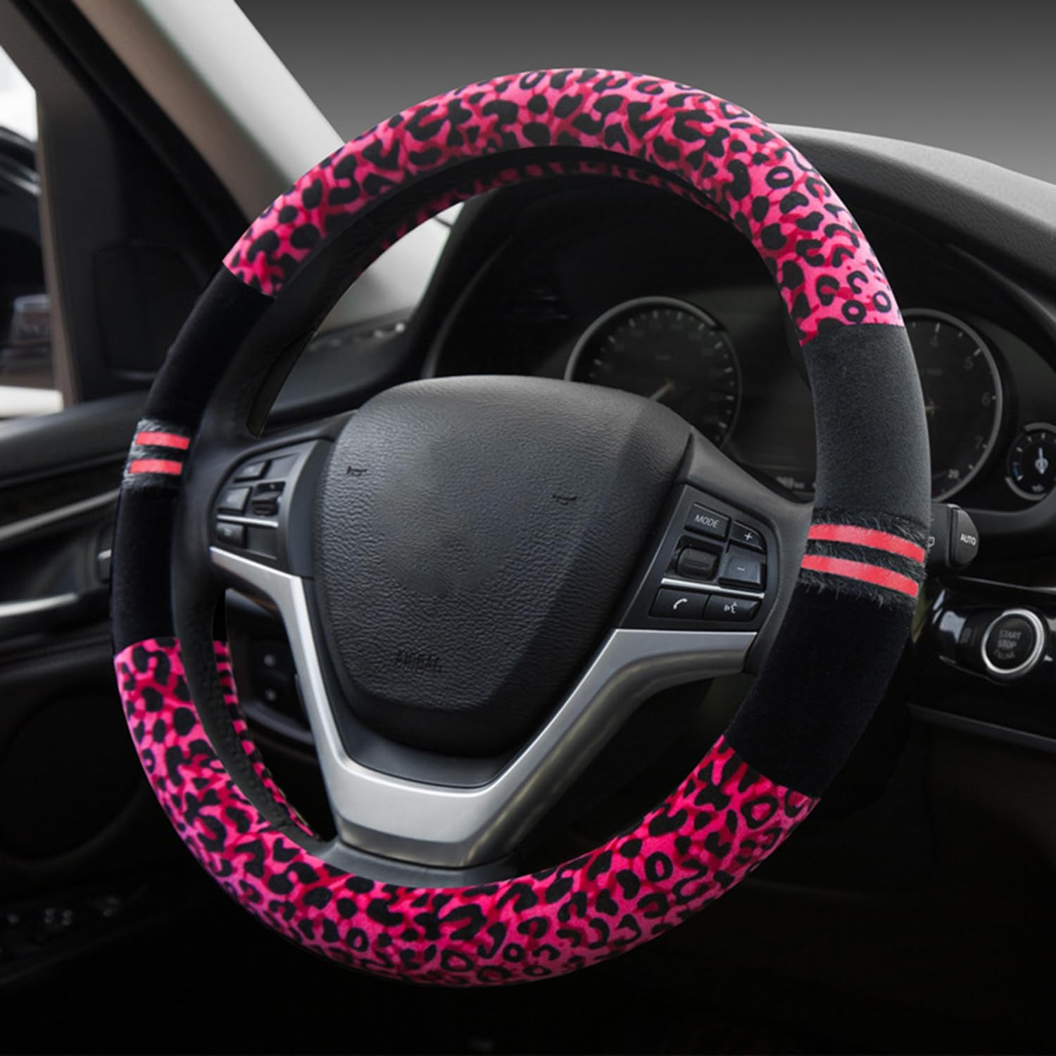 Plush Cheetah Car Steering Wheel Cover Luxurious Leopard Print Universal Fit for Car SUV Warm Soft Anti-Slip (Rose)