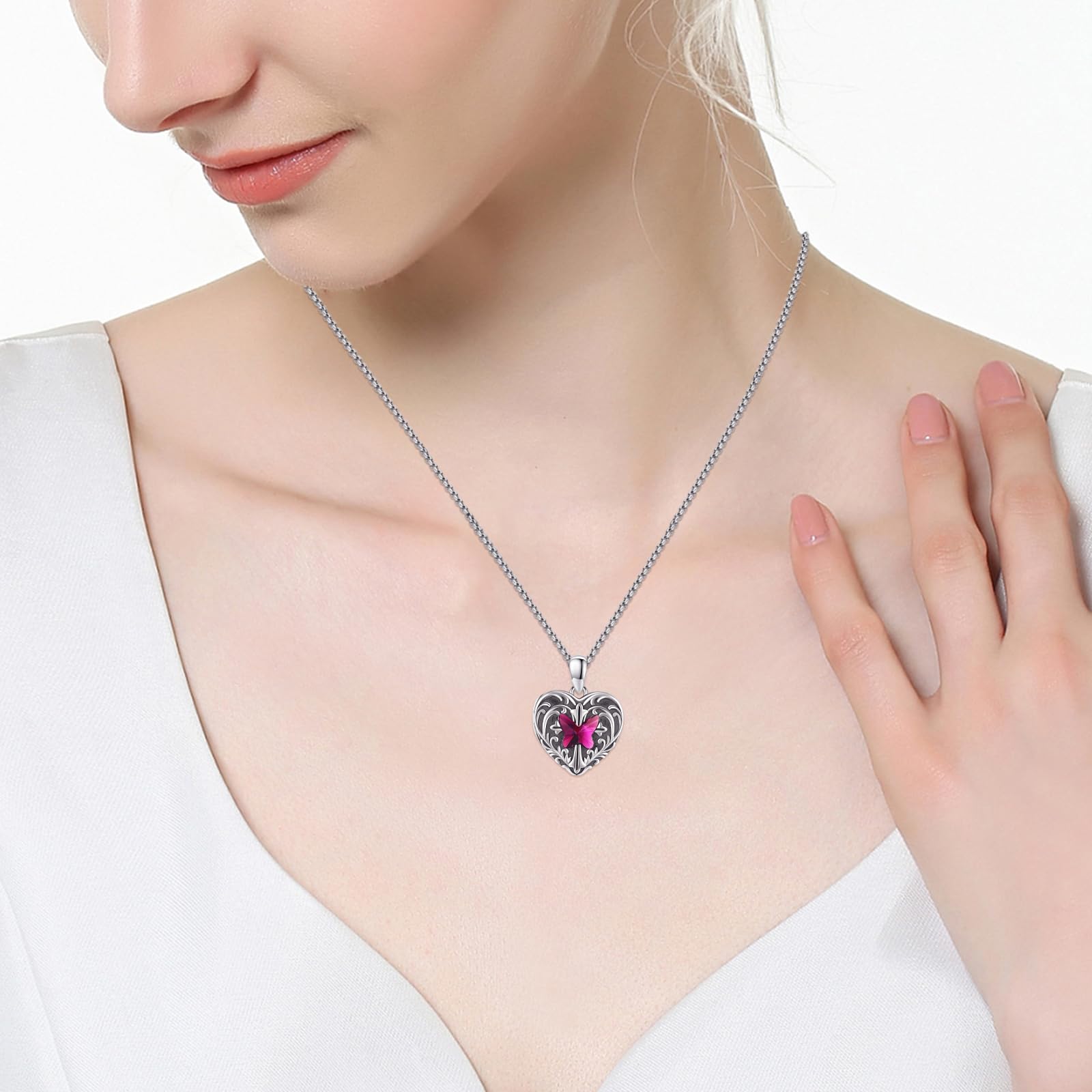 REDSUN Collar con medallón de corazón de plata de ley 925 con colgante de mariposa y foto de cristal azul/rosa/rosa rojo amuleto para mujeres fotos colgantes personalizados regalos para novia, esposa
