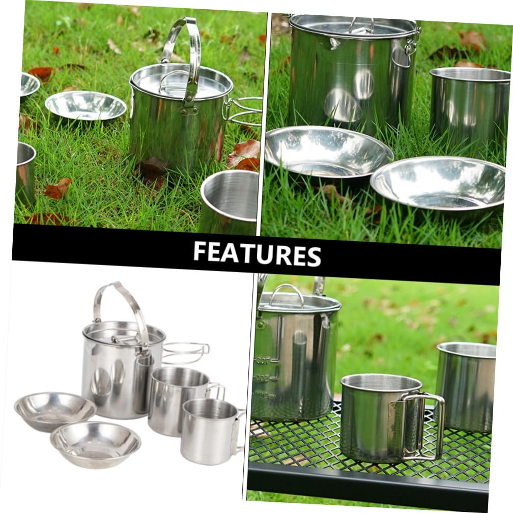 SUPVOX Ensemble De Vaisselle Camping Acier Inoxydable 5 Pièces Bol Tasse Bouilloire Portable Batterie Cuisine Randonnée Pique-niques Extérieur