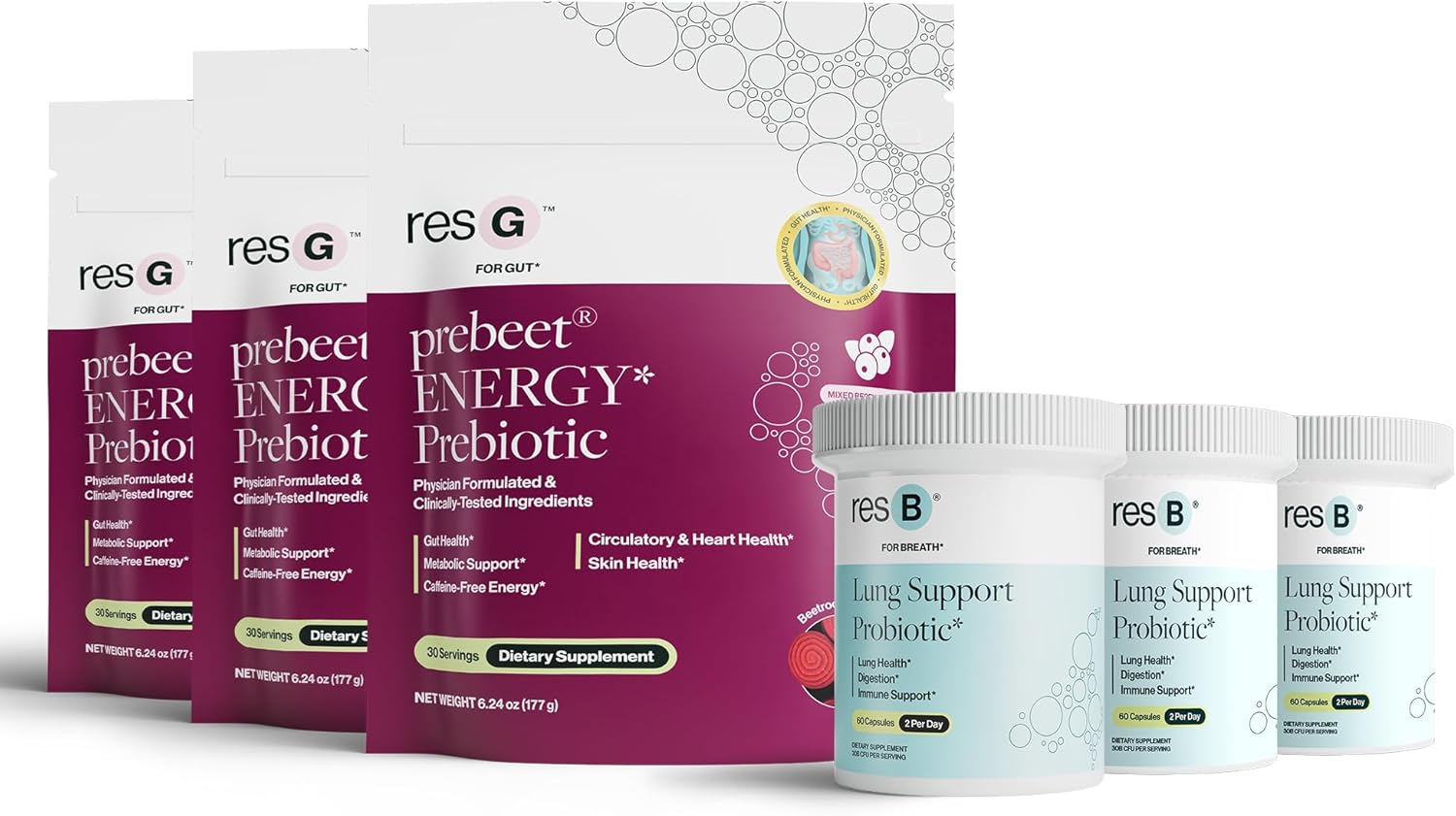 Power Gut Bundle - Lung Probiotic & Prebiotic, Clinically Trialed Respiratory Health Support & Metabolism Boost, Supplement Vitamins - resB (90 Servings) & prebeet (90 Servings)