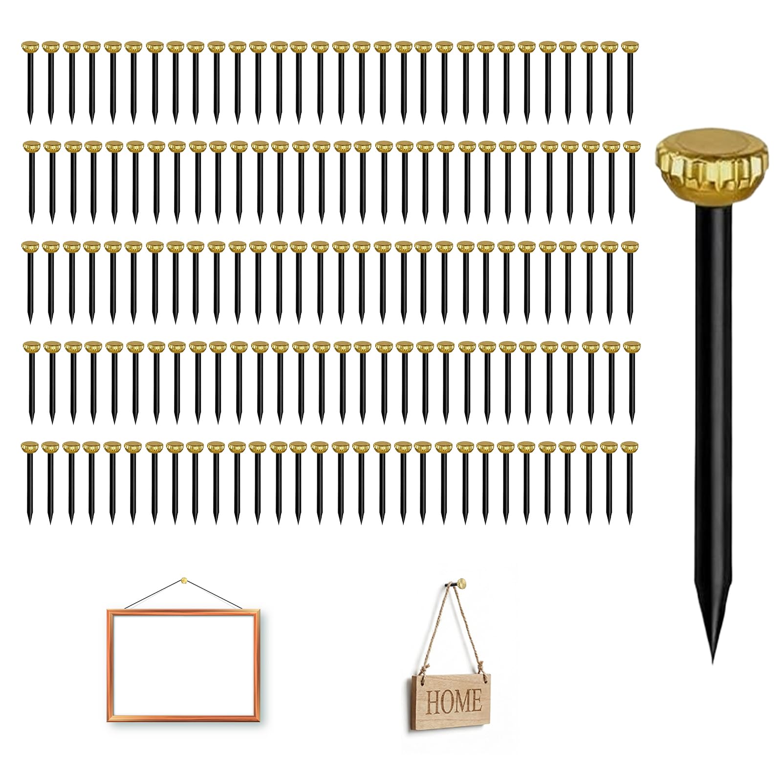 Azoisuwr Black 150Pcs Nails For Hanging Pictures With Brass Head, Metal Head Picture Pins, Heavy Duty Picture Hanging Nails For Walls, Photo Frames & Art