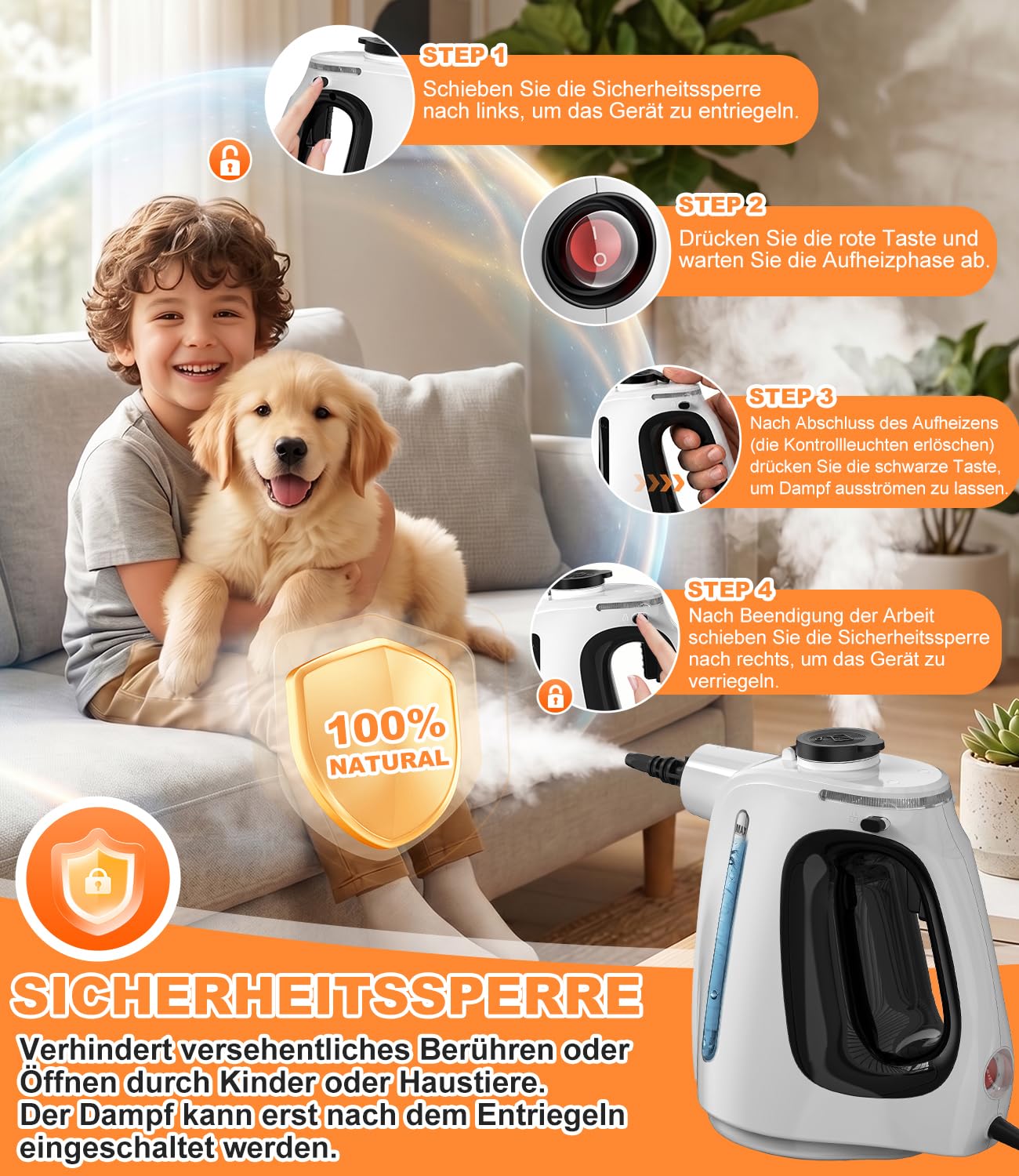 10 in 1 Dampfreiniger Handgerät, 3 bar Handdampfreiniger, 1350W Dampfreiniger für Alles, 15s Aufheizzeit, 550ml Sichtbarer Wassertank,10 teiligem Zubehör für Böden, Küche, Fenstern, Auto