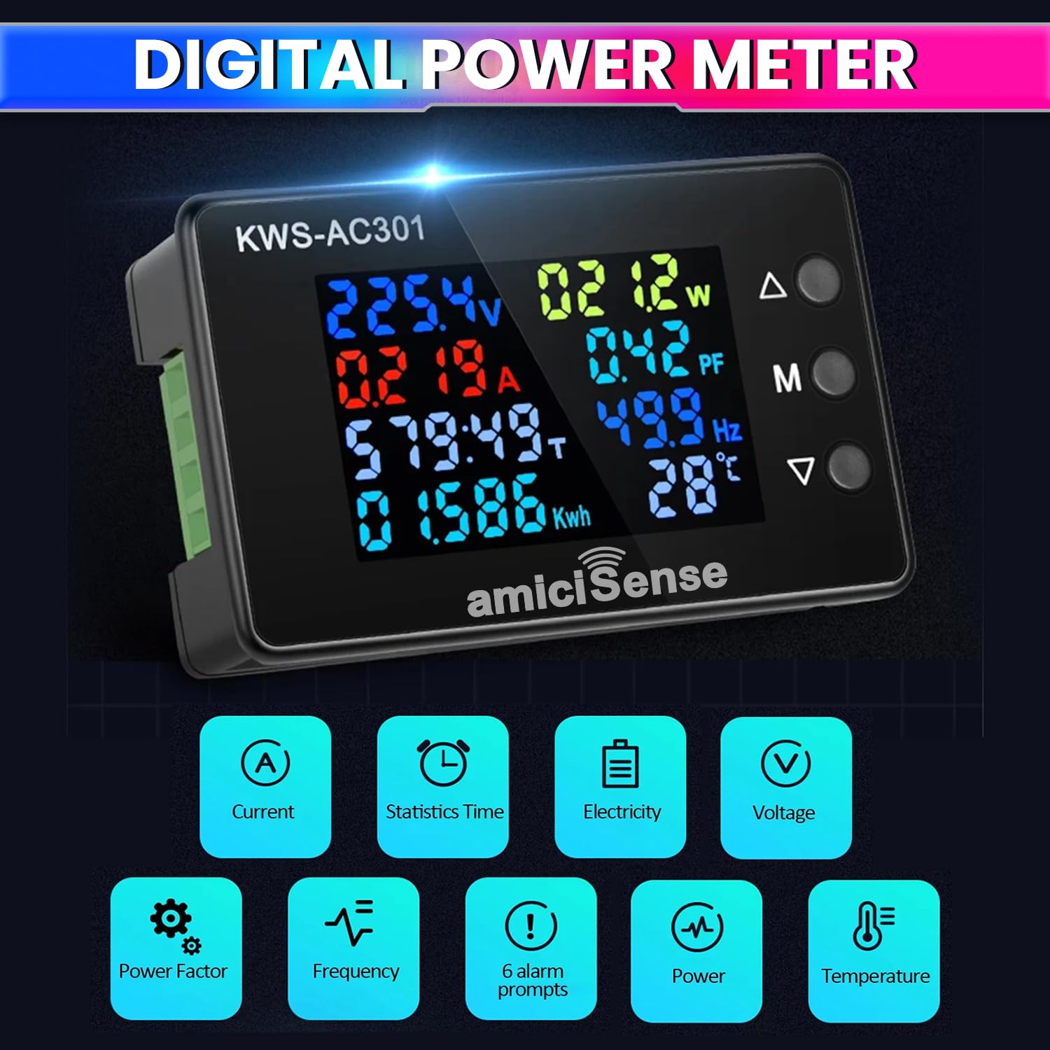 amiciSense 8 in 1 Digital Energy Meter with Open CT, 50–300VAC 100A Panel Mounted Power Monitoring Device, Color Display, Time Reading & 6 Alarm Alerts (22kW)- 1 Year Warranty