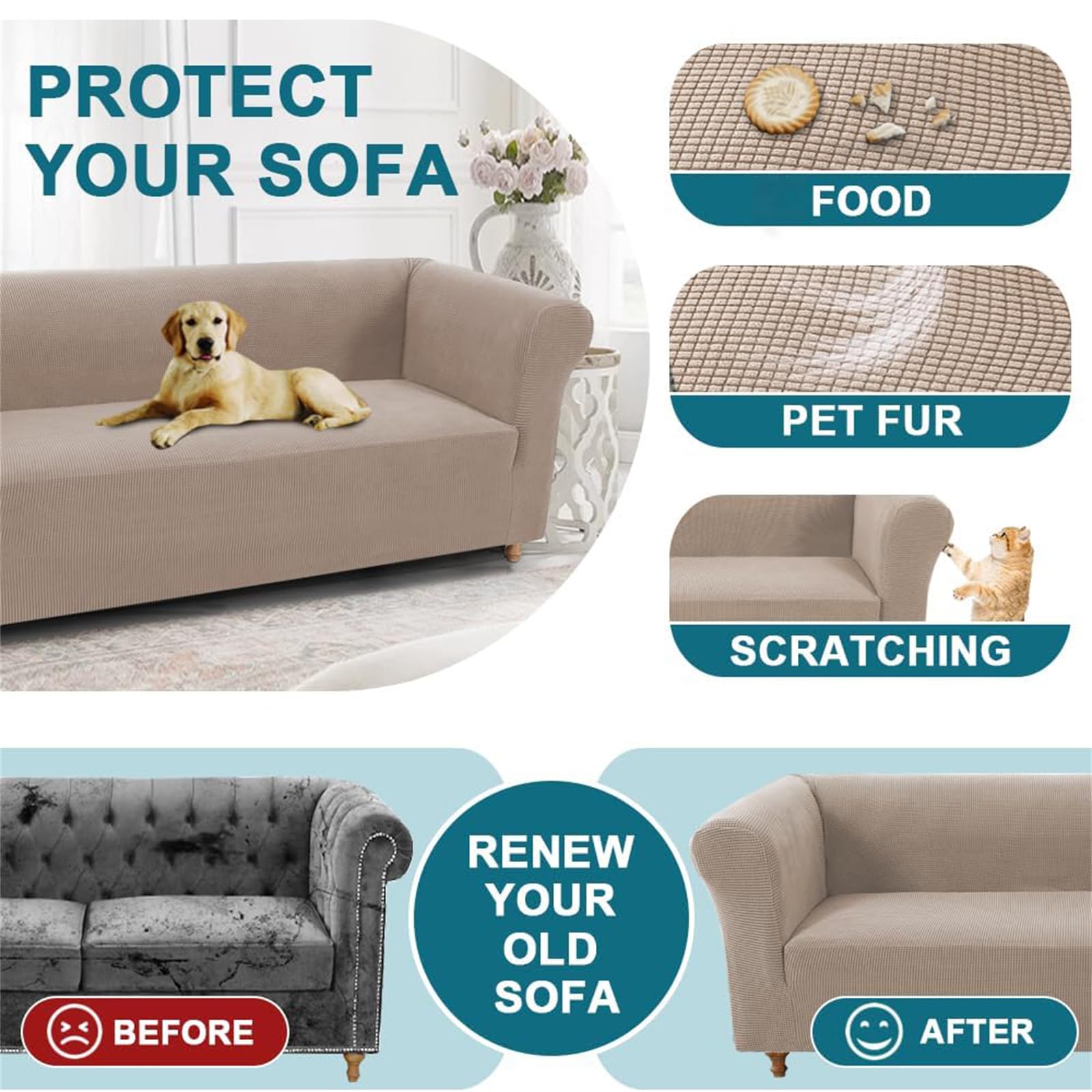 Sofabezüge Stretch Couchbezüge Anti-Rutsch Sofa Schonbezug mit Armlehne Spandex Jacquard Sofa Überwürfe rutschfest Sofa Überzug Waschbare Sofabezug für Haustiere (3-Sitzer,Sand)