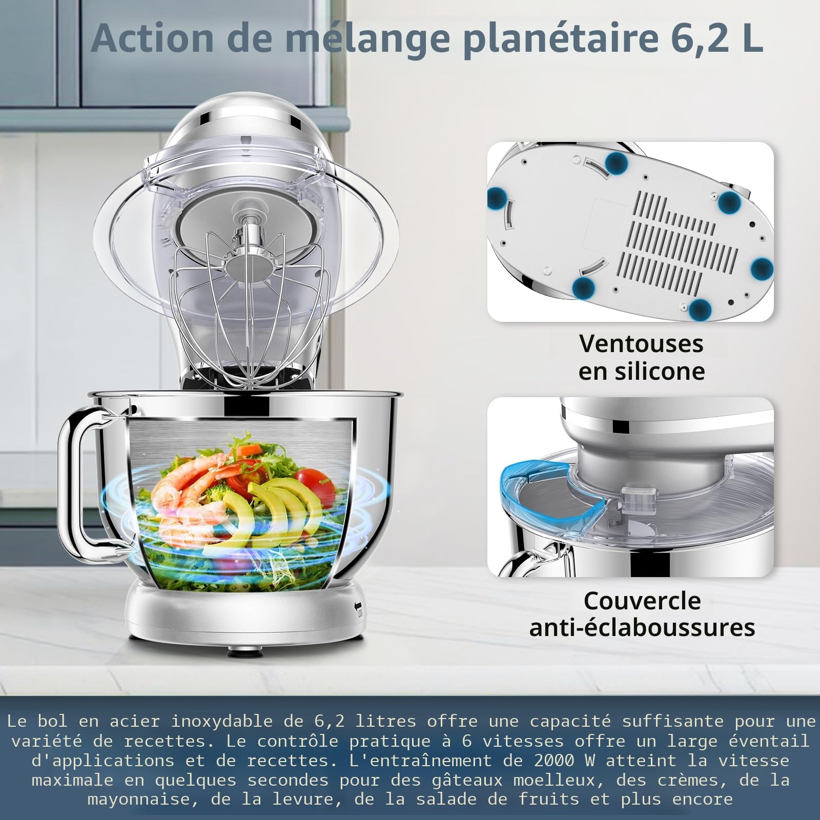 CHeflee Robot Pâtissier, 2000W Robot Pétrin, 6.2 L Robot de Cuisine Multifonction Faible Bruit avec Bol en Acier inox de,Batteur, Fouet & Crochet 6 Vitesses