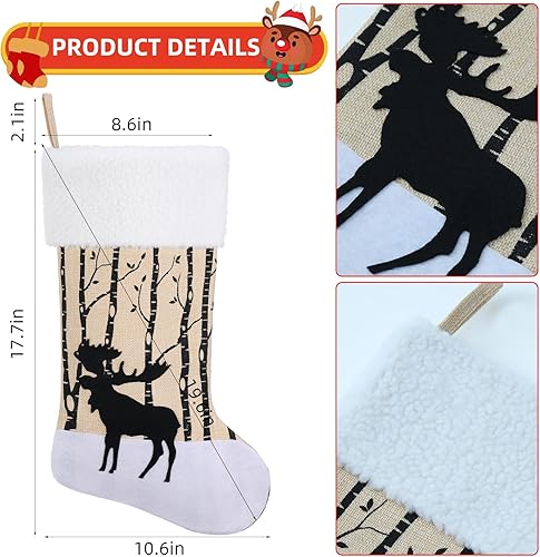 Miniatura 2 de Calcetín de Navidad rústico de arpillera de 20 pulgadas con diseño de alce, decoración de mantel de chimenea, alce navideño