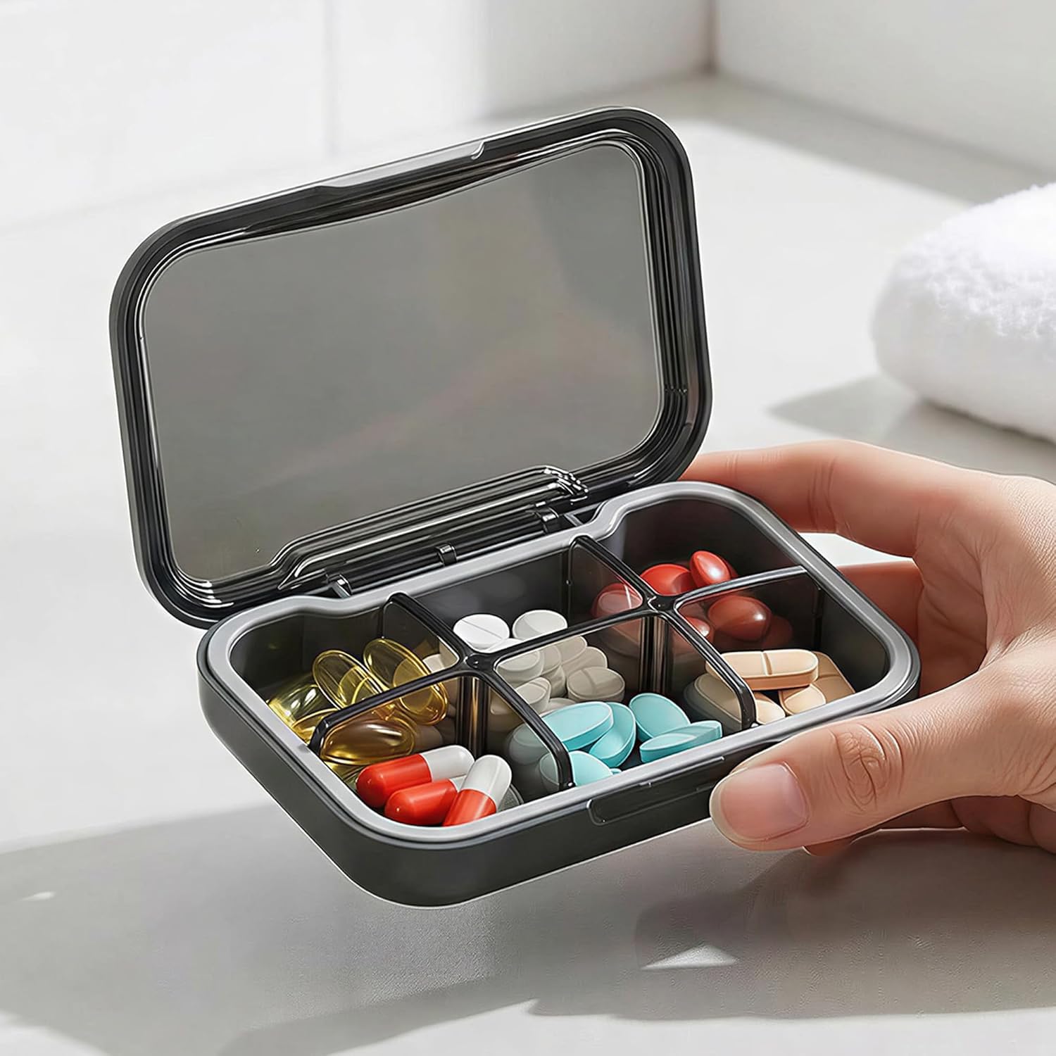 Portable Pill Organizer Box with 6 Compartments | BPA Free Medicine Storage Case | Daily Tablet & Vitamin Holder | Moisture Resistant Travel Pill Box | Pocket Size Medicine Organizer for Men & Women - Black-image-14