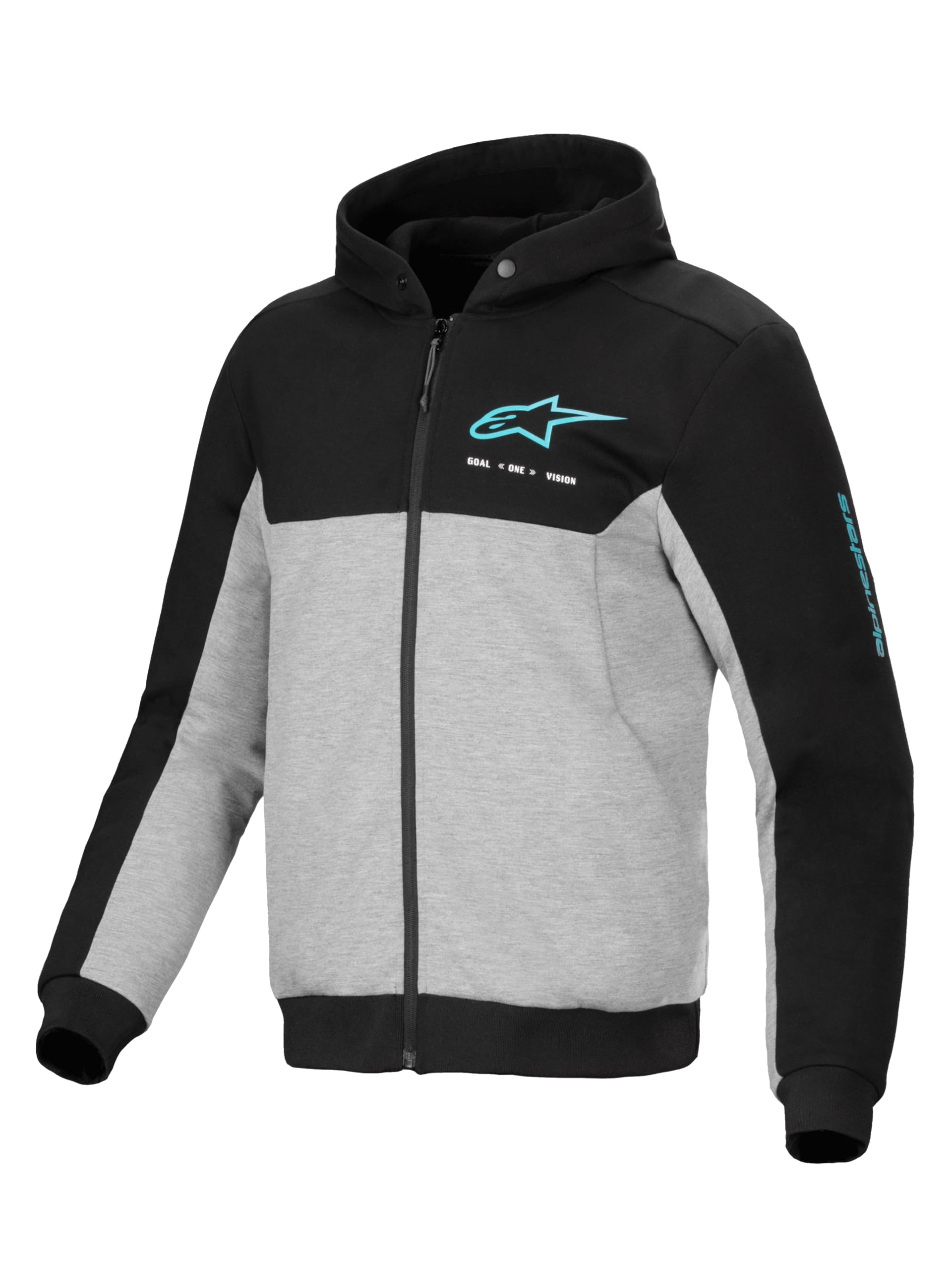Alpinestars Chrome v2 Sport Hoodie, Reinforced Motorcycle Riding Jacket with CE-Certified Armor & Urban Styling, Black/Gray Heather/Turquoise, Large