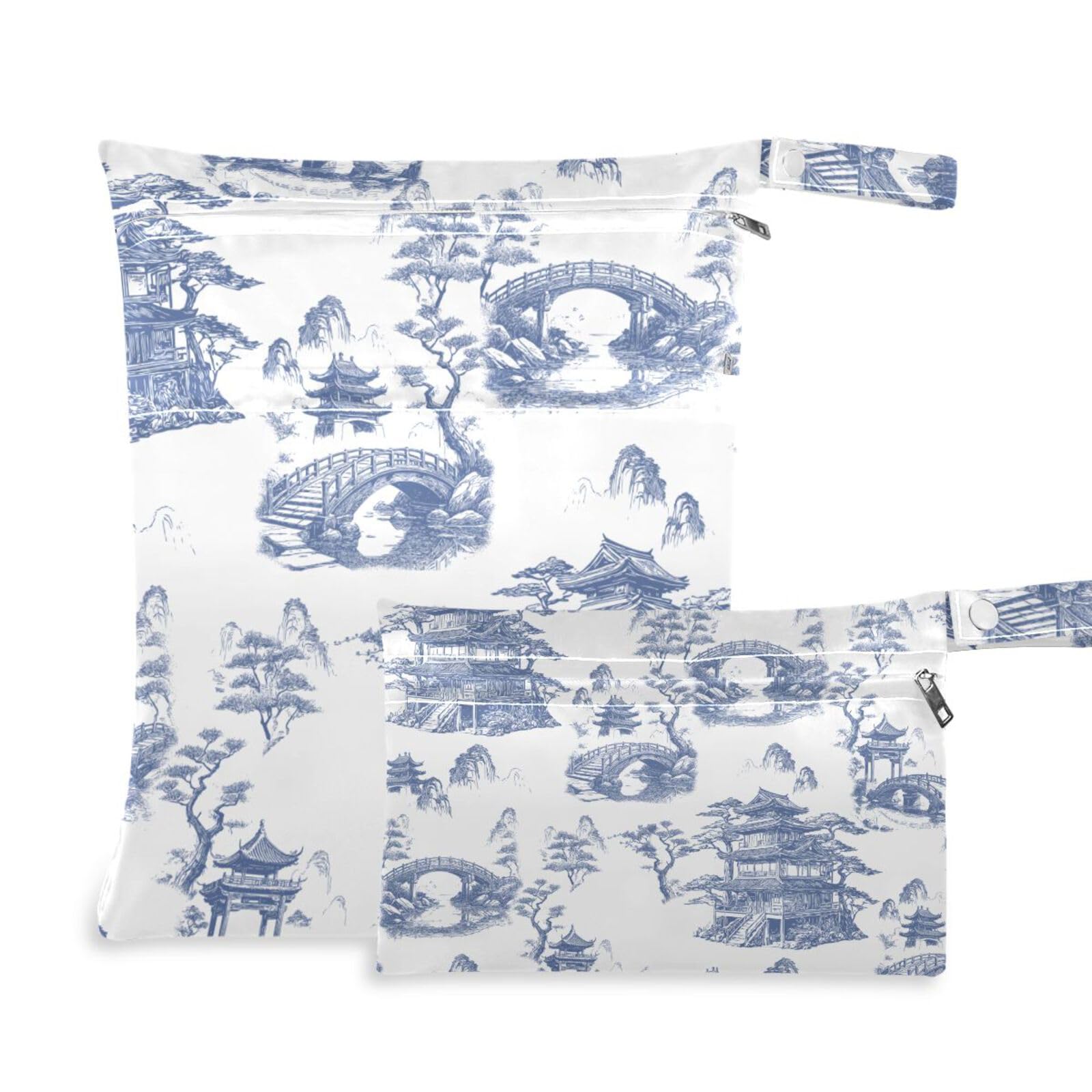 susiyo 2 Pcs Wet Dry Bag Chinoiserie Landscapes Waterproof Reusable Baby Cloth Diaper Wet Bags with 2 Zipper Pockets for Breast Pump Parts Travel Beach Pool Gym Yoga Swimsuits Wet Clothes