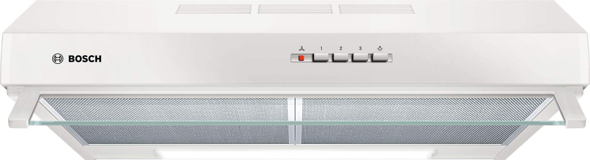 Bosch DUL63CC20 Serie 4 Unterbauhaube, 60 cm breit, Um- & Abluft, LED-Beleuchtung gleichmäßige Ausleuchtung, Drucktastenschalter, 3 Leistungsstufen, Metallfettfilter spülmaschinengeeignet, Weiß