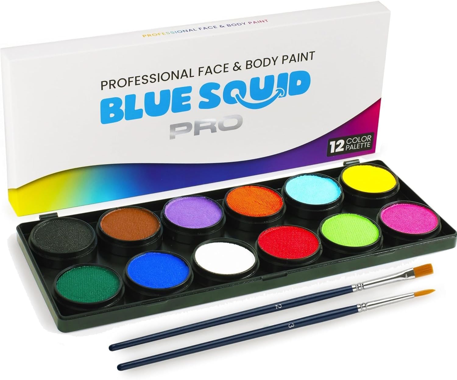 Blue Squid PRO Professional Face Painting Kit for Kids - 12 Colour Palette Set with 2 Brushes, Body & Face Paint Kits for Children, Adults - Safe Washable SFX Makeup Paints for Party, Halloween Makeup