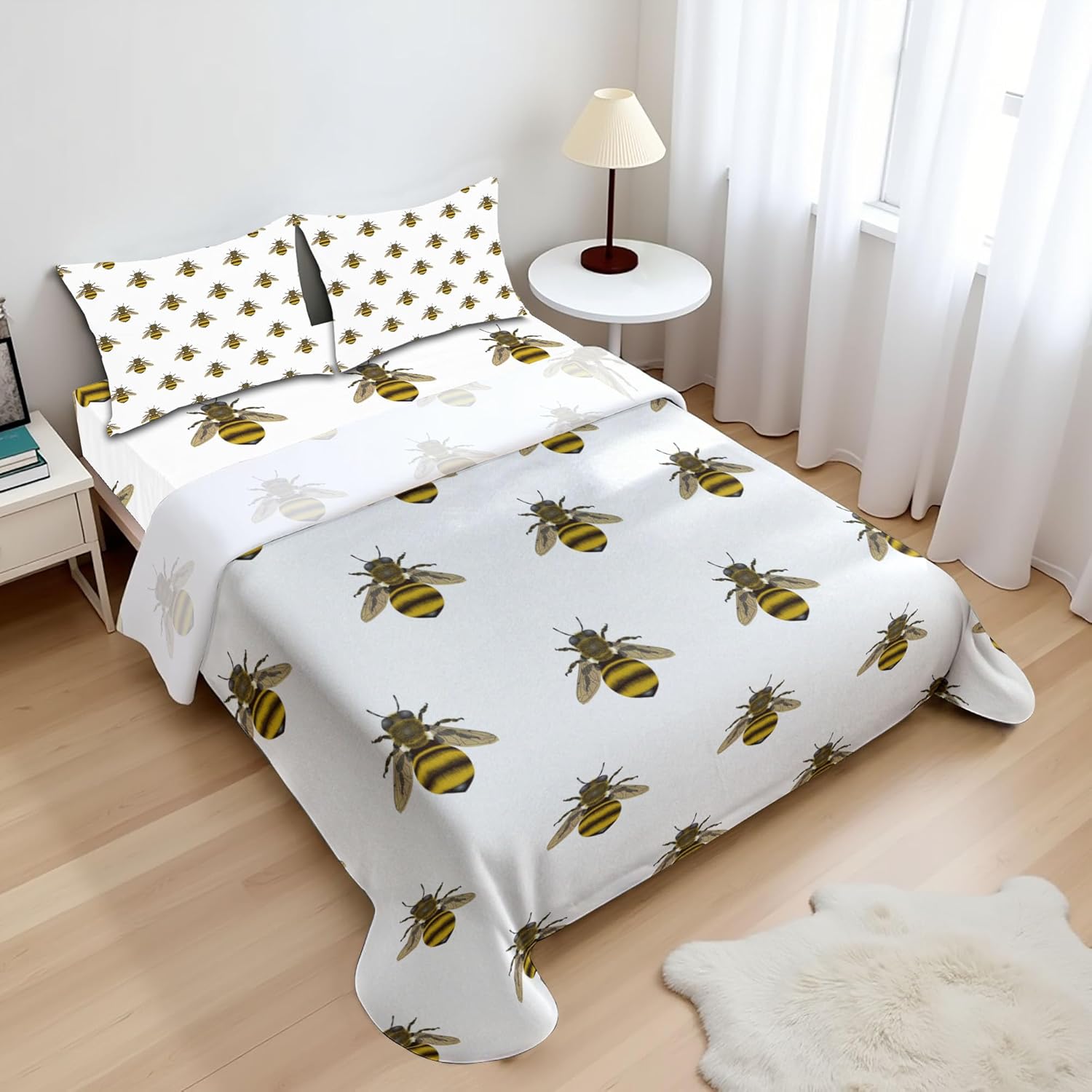 Ambesonne Bee Sheet Set, Repetitive Pattern with Honey Maker Insect on Plain Background, Fitted and Flat Sheet with Pillowcases Bedding Accent 4 Piece Set, Full, Yellow Grey