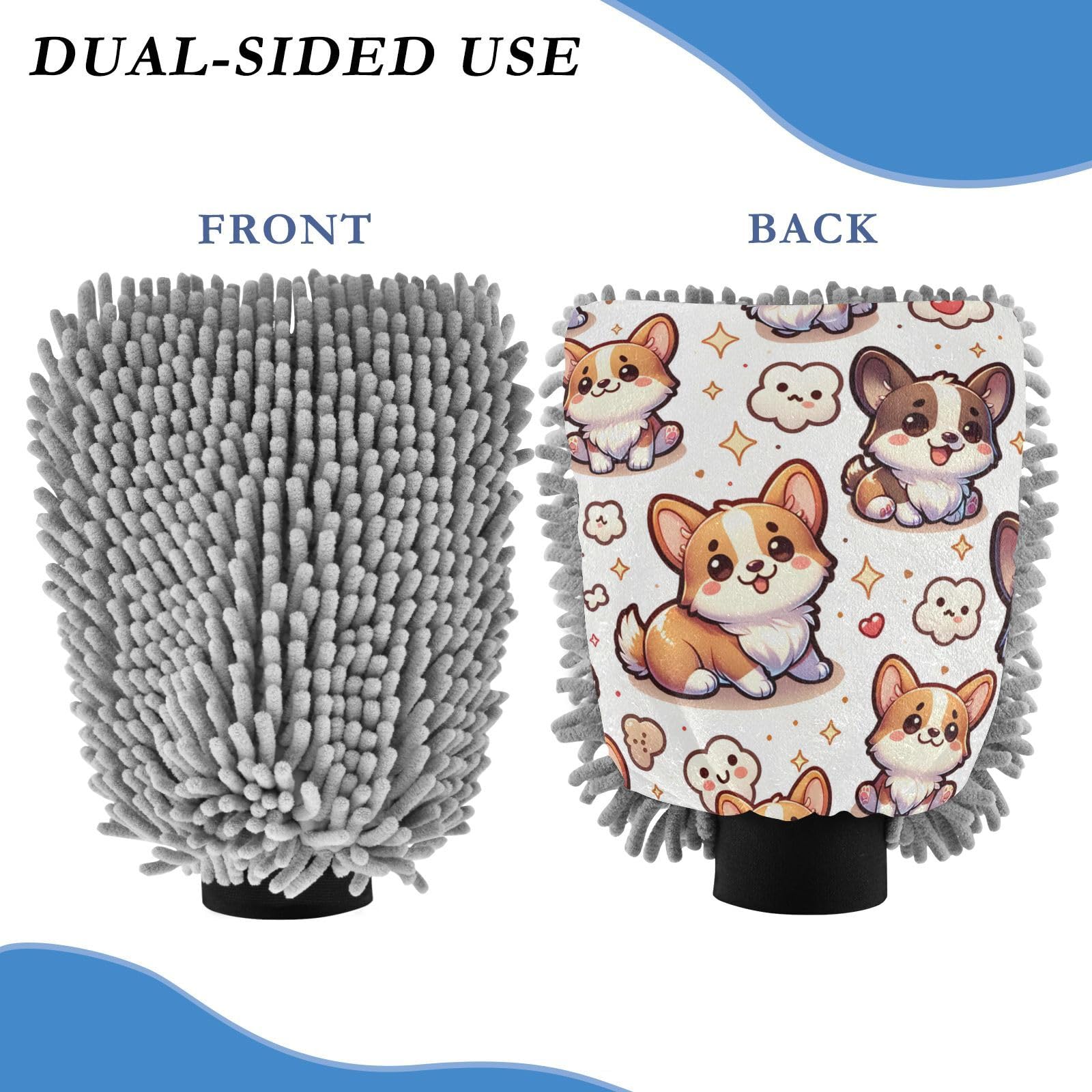 ALAZA Corgi Dog Puppy Cute Car Wash Mitt Scratch Free, 2 Pack Absorbent Microfiber/Chenille Washing & Drying Mitts, M