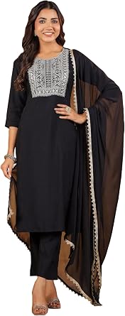 Janasya Indian Womens Chanderi Silk Maroon Embroidered Festive Wear Kurta Set for Women