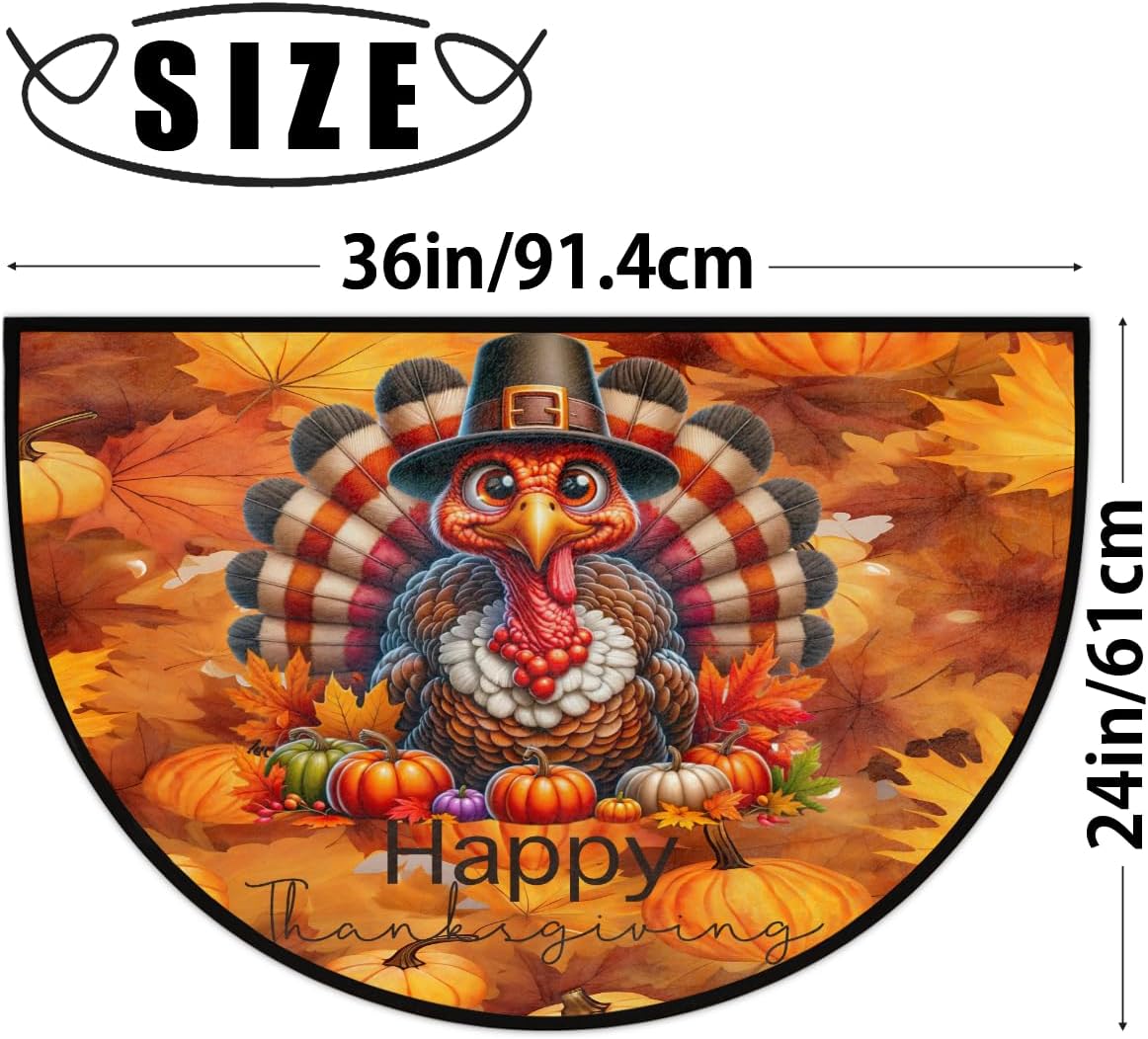 Half Round Door Mat Thanksgiving Pumpkin Fall Half Moon Rug Washable Half Circle Area Rugs Indoor Entrance Non Slip Semi Circle Bathroom Rugs Floor Carpet for Kithen Bedroom Fireplace Decor