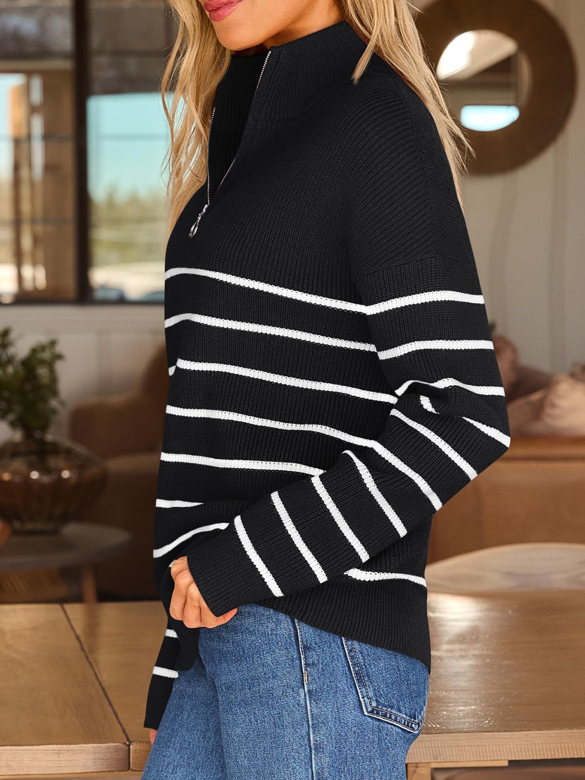 LILLUSORY Damen Pullover mit Viertelreißverschluss, gestreift, übergroß, Mock-Rollkragen, Herbstmode