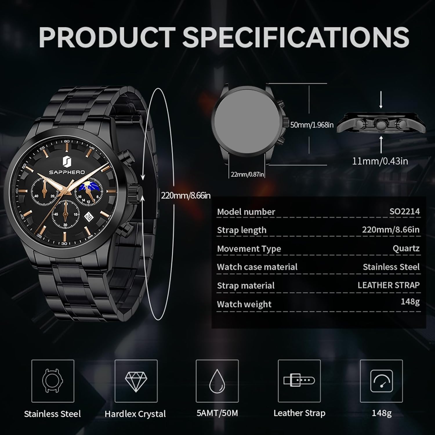 SAPPHERO Men's Watches Stainless Steel Chronograph Waterproof Quartz-Business Casual Dress Watch for Men Luminous Date Gold/Silver/Black Design-Easy-to-Read Luxury Dial-Leather Unique Elegant Gift - Image 5