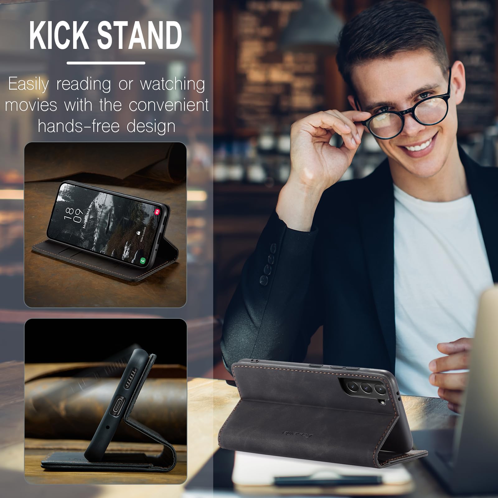 Samokor Cover per Samsung Galaxy S21 Plus 5G Pelle Flip Custodia Cavalletto Portafoglio Magnetica Carta Fessura Antiurto per Samsung Galaxy S21 Plus,Nero