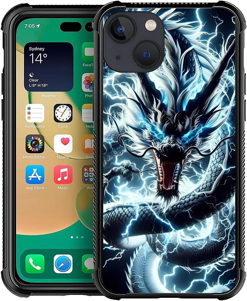 for iPhone 14 Case 6.1-inch with Lightning Dragon Four Corner Airbag Protection Design Soft Silicone Frame Personalized Pattern Case Compatible with iPhone 14 for Men
