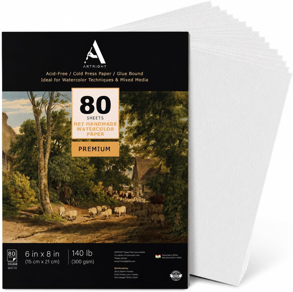 ArtRight Artists' A5 Acrylic Paper Pack of 80 Sheets, 300 GSM; Rough Grain Handmade Sheets for Gouache & Mixed Media (Papers for Acrylic & Gouache Media)