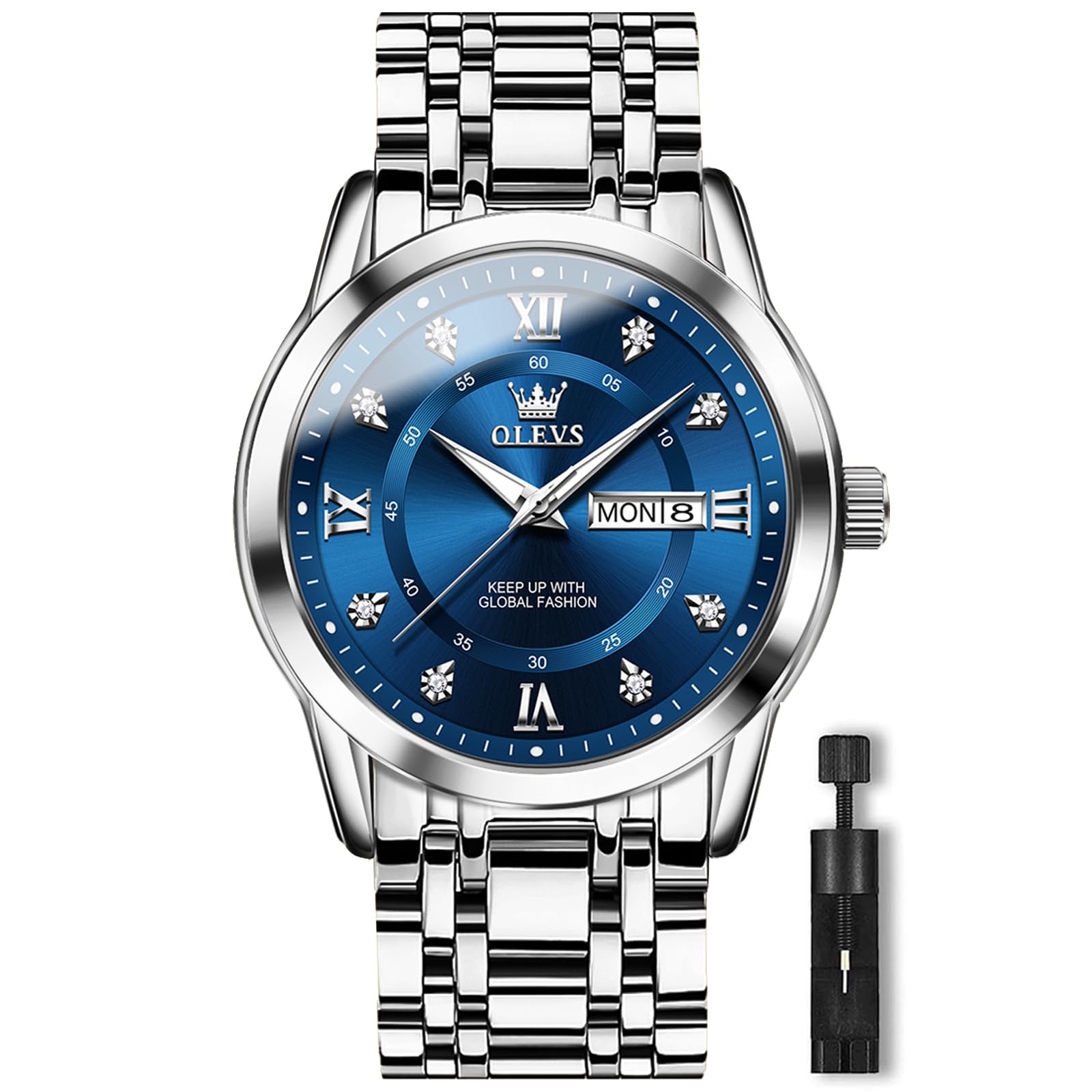 OLEVS Stainless Steel Classic Watches, Large Face Quartz Dress Watches for Men, Easy to Read Men's Waterproof Watch with Day and Date, Blue/Black/Silver/Gold/Grey Dial