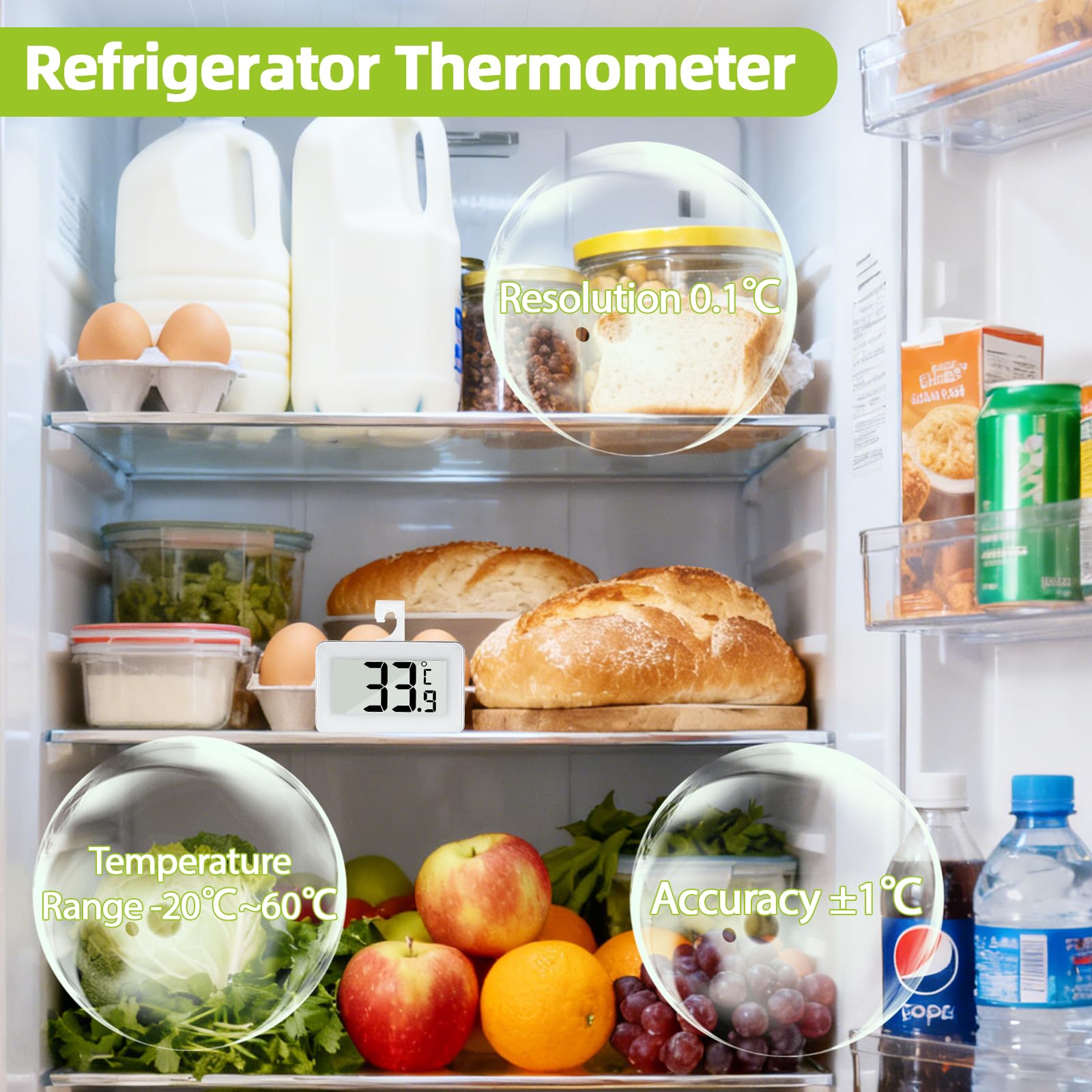 Kasanni 2 Pieces Fridge Thermometer, Freezer Thermometer with Large Screen, Fridge Thermometer with Hook and Magnetic Attachment, Max/Min Memory Function, Digital Thermometer — view 6