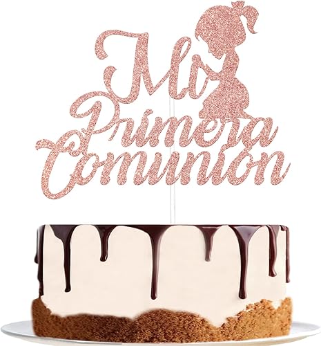FUUF Decoración para tartas Mi Primera Comunión con purpurina de oro rosa, primera comunión, mi bautismo, bautizo, Dios bendiga cumpleaños de niños,