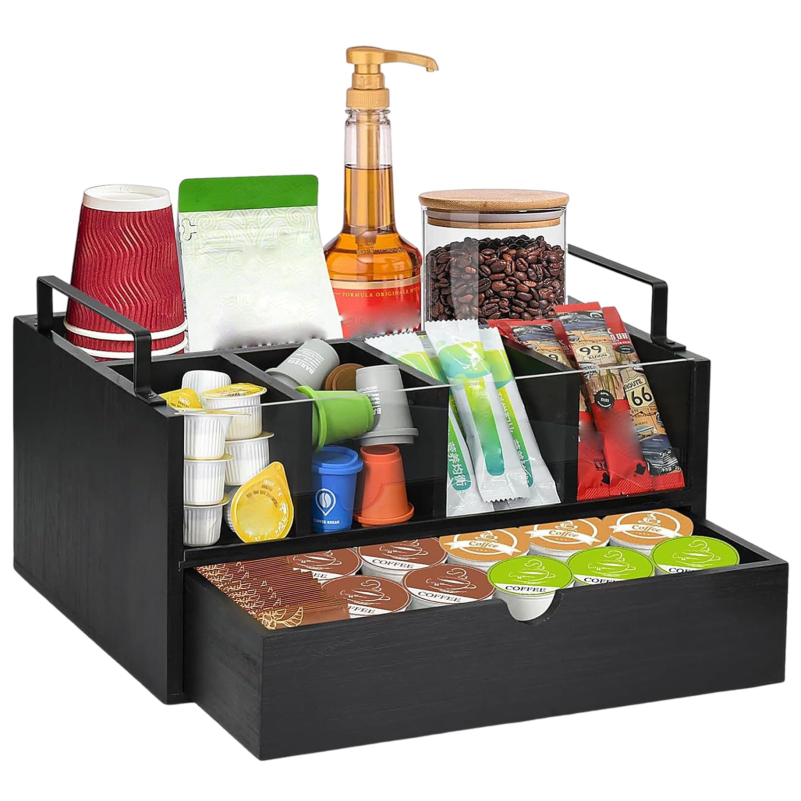 Organizador de Café y Té, Organizador de Barra de Café con 5 Compartimentos y 1 Cajón dispensador capsulas, Caja de Madera para Accesorios de Cafetera, Estación de Cafe de Escritorio (Negro)