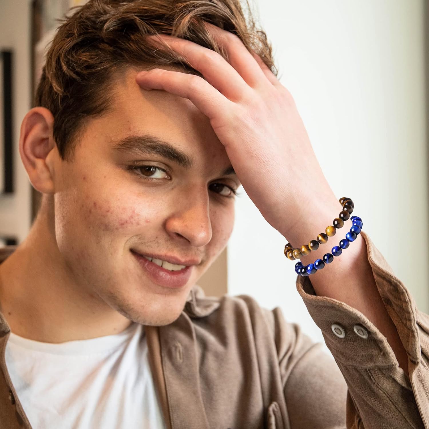 CASDAN 12PCS 8mm Semi-Precious Gemstones Beaded Bracelets for Men Women Tiger Eye Lava Rock Crystal Stone Bead Bracelets Set - Image 2