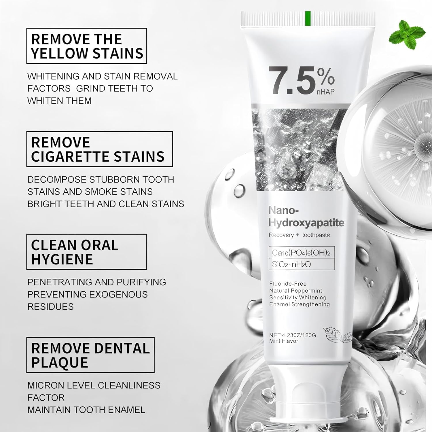 7.5% Hydroxyapatite Toothpaste, 7.5% Hydroxyapatite Toothpaste for Advanced Enamel Protection, Appropriate for Sensitive Teeth, Gentle and Effective Formula, Fresh Mint (3)