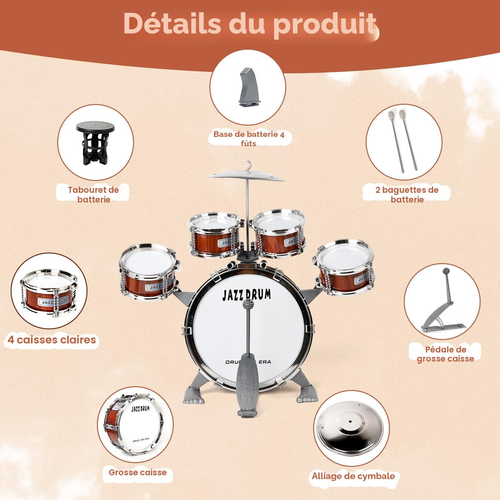 Batterie Enfant 5 Tambours avec Tabouret, Jazz Drum Instrument dès 3 Ans