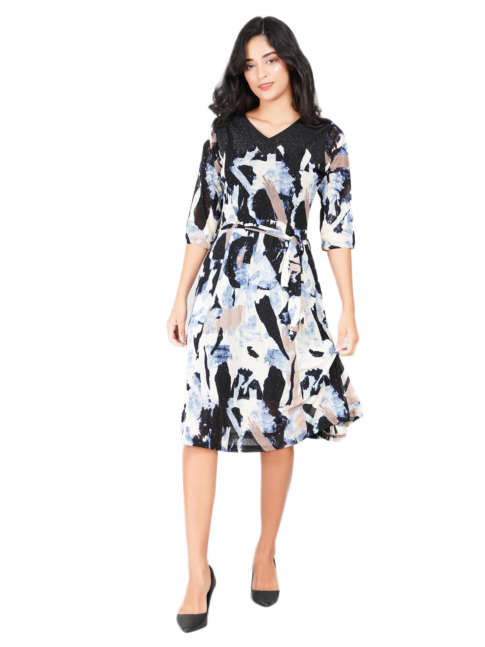 Women Midi Dress Multicolour Free Size Abstract Print Fit and Flare with Belted Waist in Poly Crepe, 3/4 Sleeves, V-Neck-image-39