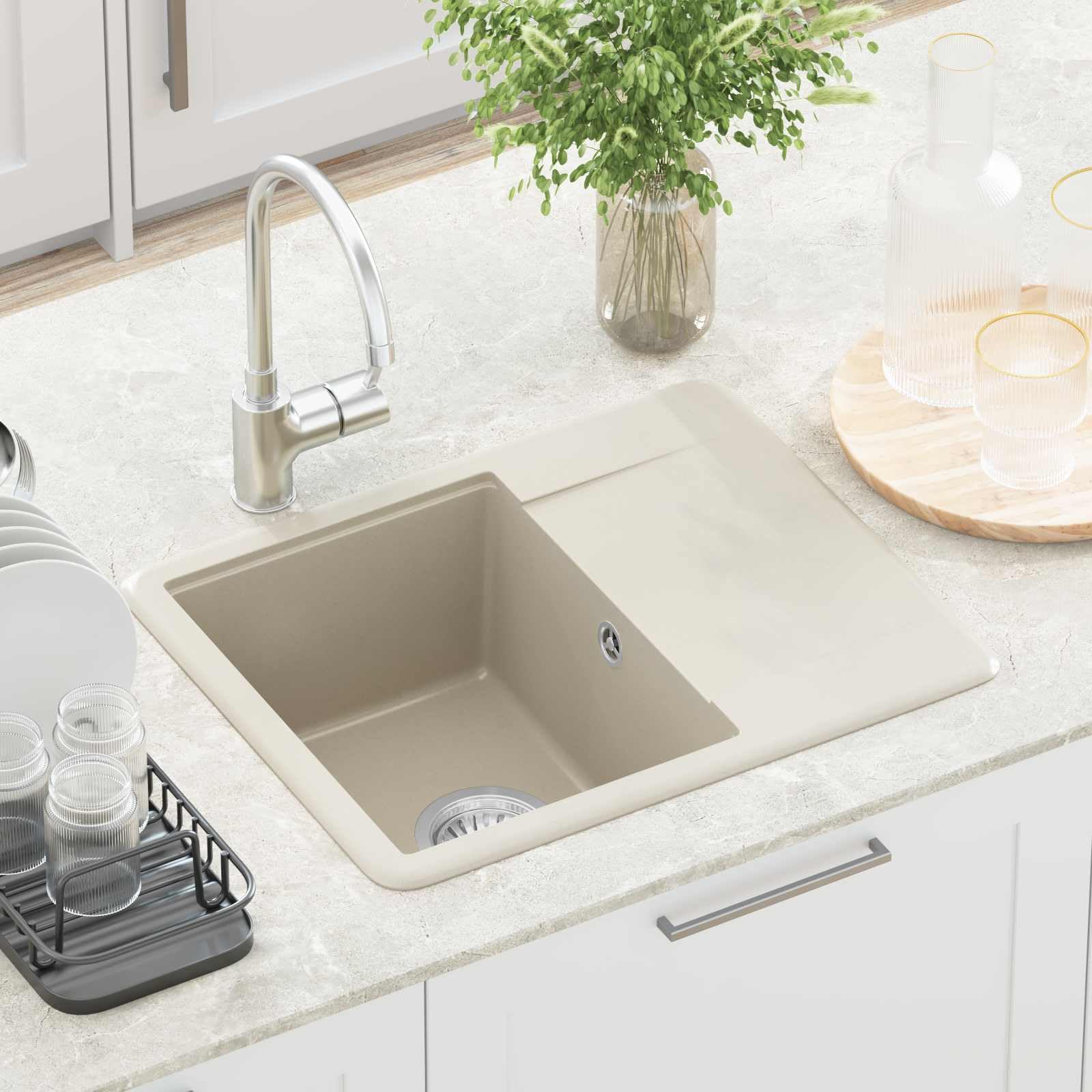 Lavabo Beige 560 x 460 mm de 80% cuarzo y 20% resina de granito Fregadero de cocina empotrable con juego de accesorios y filtro de desagüe, resistente al calor, resistente a los arañazos