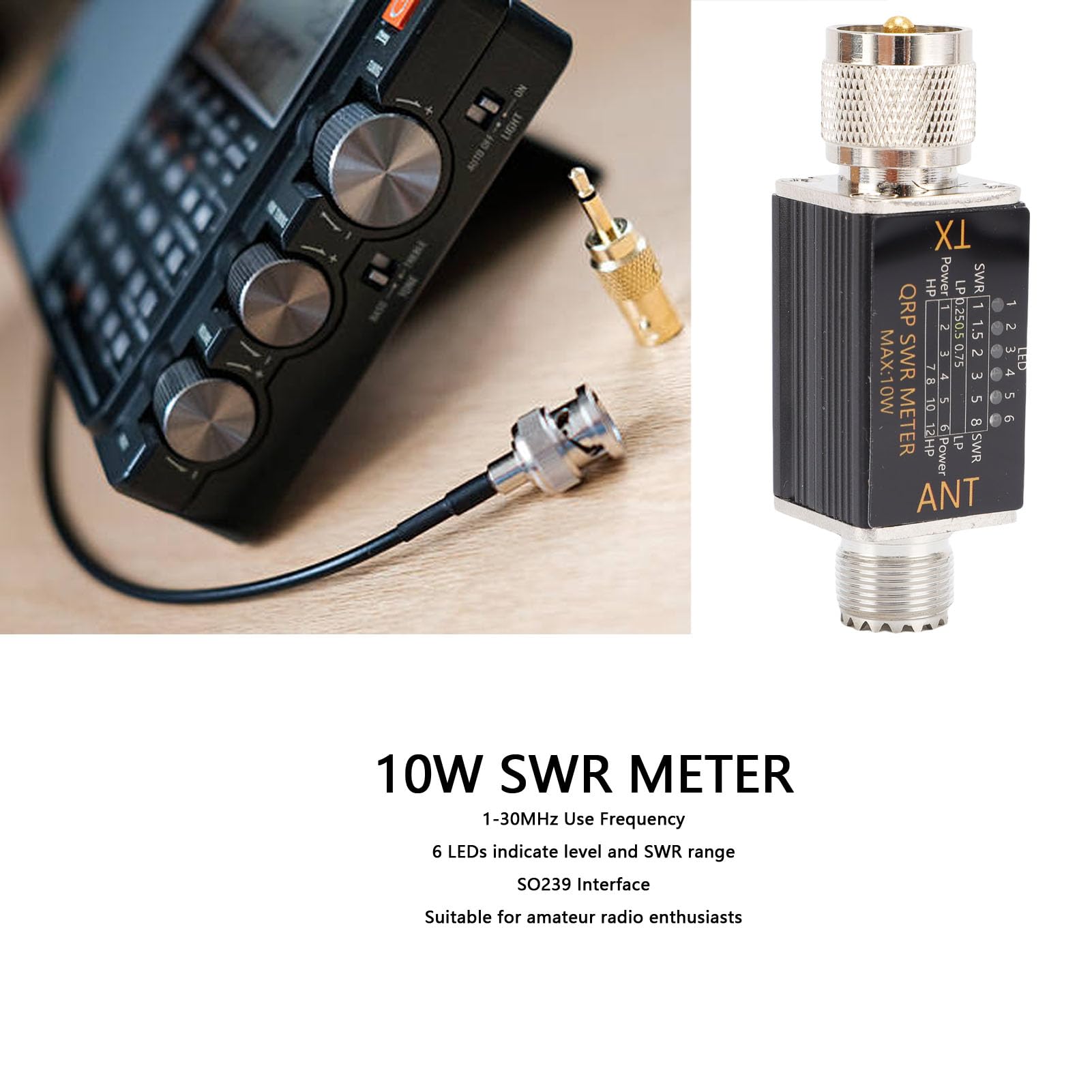Sxhlseller Misuratore SWR Portatile da 10 W Indicatori LED Tester del Rapporto Onde Stazionarie 1-30 MHz per Uso Esterno da Parte di Appassionati di Radioamatori Lega di Alluminio 3,15x0,79 Pollici