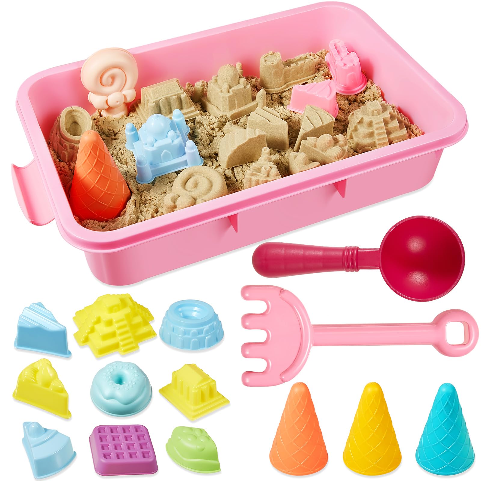 24 Pcs Beach Toys Include 1 Bin 6 Castles 6 Cake Molds 3 Ice Cream Sand Bucket 1 Spoon 1 a Heart Shaped Toy 1 Shovel 1 Rake 4 Dessert Molds for Above 6 Year Old Age Sea Travel