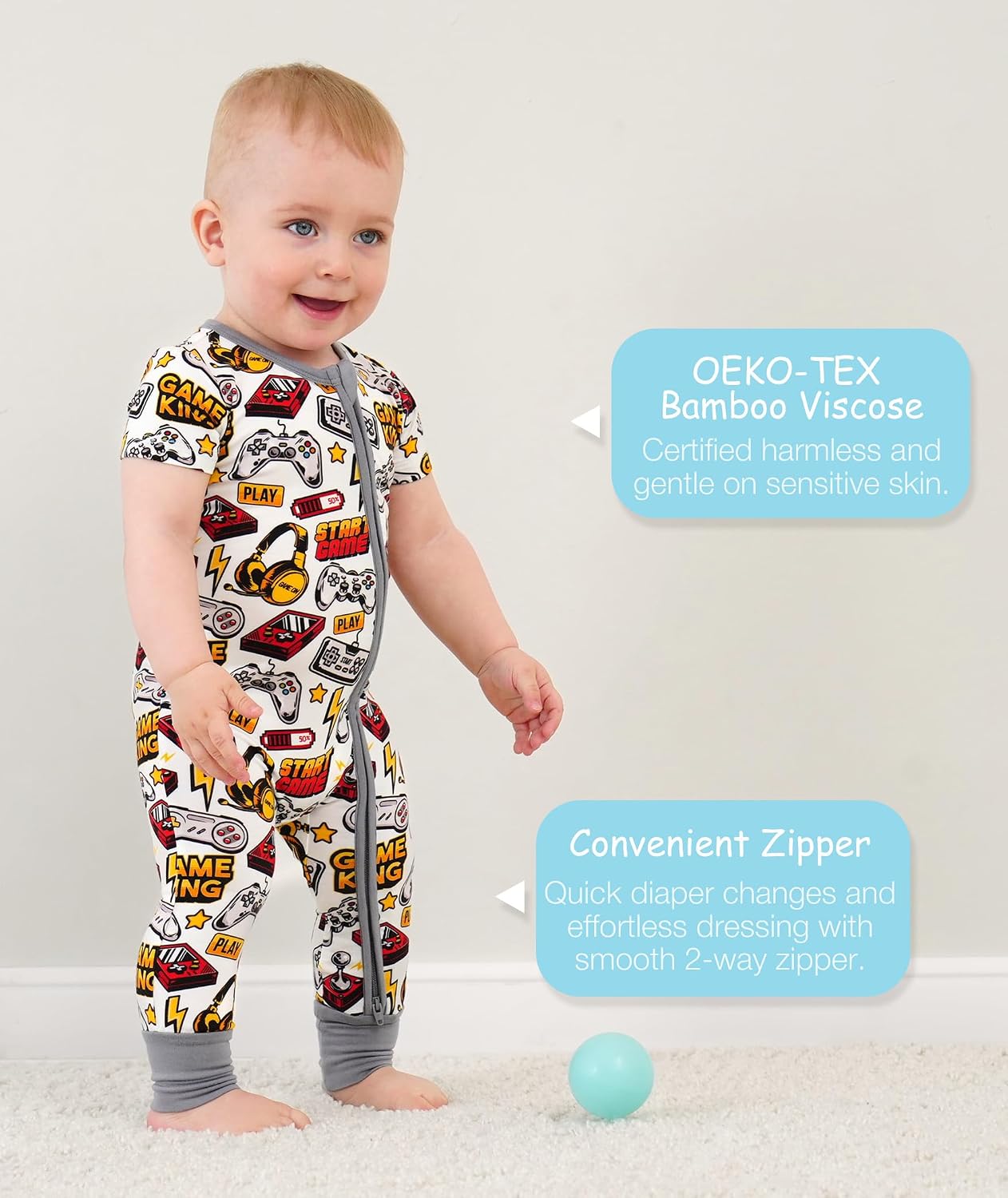 Footless One-Piece Pajamas Baby Boy Zipper Short Sleeve Baby Romper, Viscose Made from Bamboo image 4